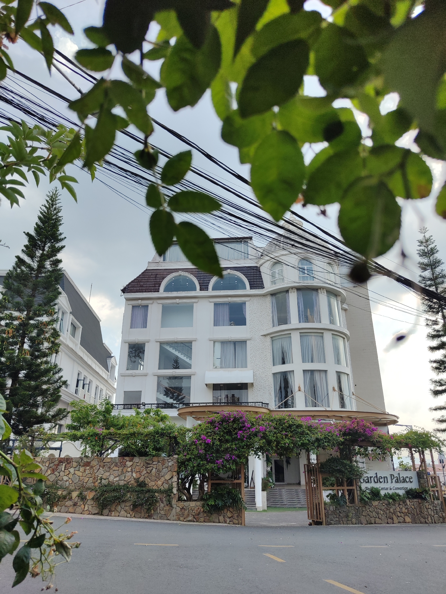 The "Garden Palace Wedding Center & Convention" is visible in a low-angle, medium-distance shot. The building has a white facade with several windows, including arched windows on the top floor, and a brown tile roof. A stone wall and flowering vines are along the entrance. Power lines traverse the top of the frame behind foreground foliage. A neighboring building with a dark roof is visible on the left. The location is Lâm Viên - Đà Lạt, Vietnam.