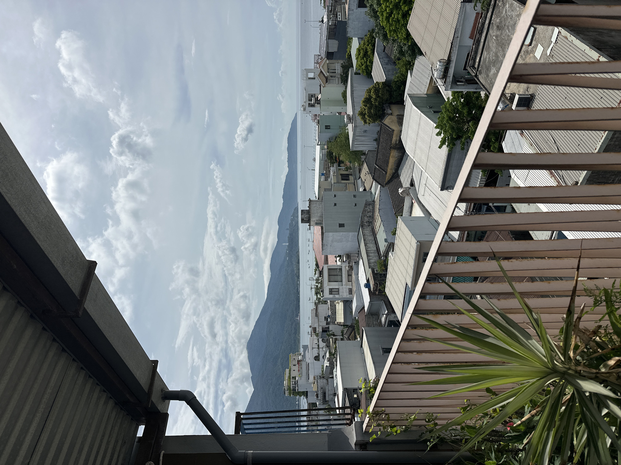 The image depicts a panoramic view of a coastal city, likely Đà Nẵng, Vietnam, from a balcony. In the foreground, a metal railing runs horizontally across the frame, with a large green plant in the lower left corner. Beyond the railing, a dense urban landscape unfolds, characterized by a variety of buildings with corrugated metal roofs. In the midground, the city extends towards a body of water, presumably the sea, which separates it from a range of lush green mountains in the distance. The sky is overcast with scattered clouds, suggesting a temperate climate. The overall scene conveys a sense of a bustling city nestled between mountains and the sea, with a clear view of its architectural diversity and natural surroundings.