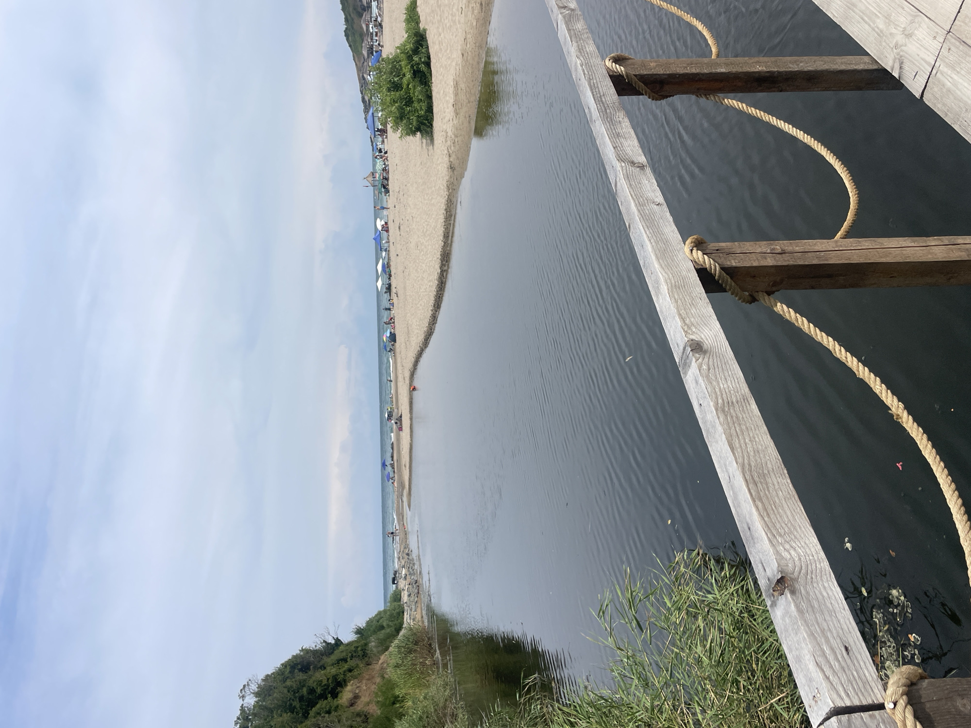 The image captures a scenic view of the Rezovo beach in Rezovo, Bulgaria. In the foreground, a wooden railing with rope details separates the viewer from a dark body of water, likely a river or estuary. The water is calm, with ripples visible, and is bordered by tall green reeds on the left.
The midground features a sandy beach with several people enjoying the day. Umbrellas and beach chairs are scattered across the sand. A lifeguard stand is visible on the beach, and a few individuals are seen in and around the water. The beach curves into the distance, meeting the Black Sea.
The background consists of the Black Sea, a gentle coastline with green vegetation, and a cloudy sky. The overall scene depicts a tranquil summer day at a coastal location.