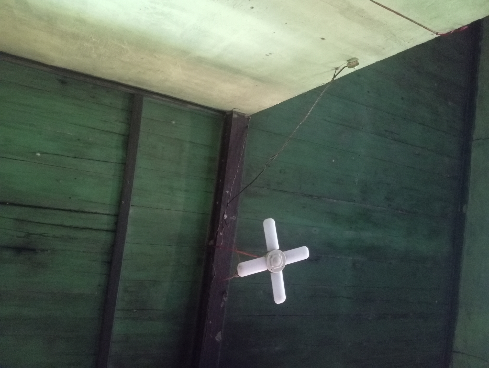 In the city of Rejosari, Indonesia, a white ceiling fan with four blades is suspended from a dark wooden beam in a room with a green wooden ceiling. The ceiling appears aged, with visible grain and some dark marks. To the right of the fan, a light-colored wall, possibly painted, meets the ceiling at an angle. Electrical wires are visible, one connecting to the fan and another running along the wall. The lighting suggests an indoor environment, likely during the daytime, given the ambient light.
