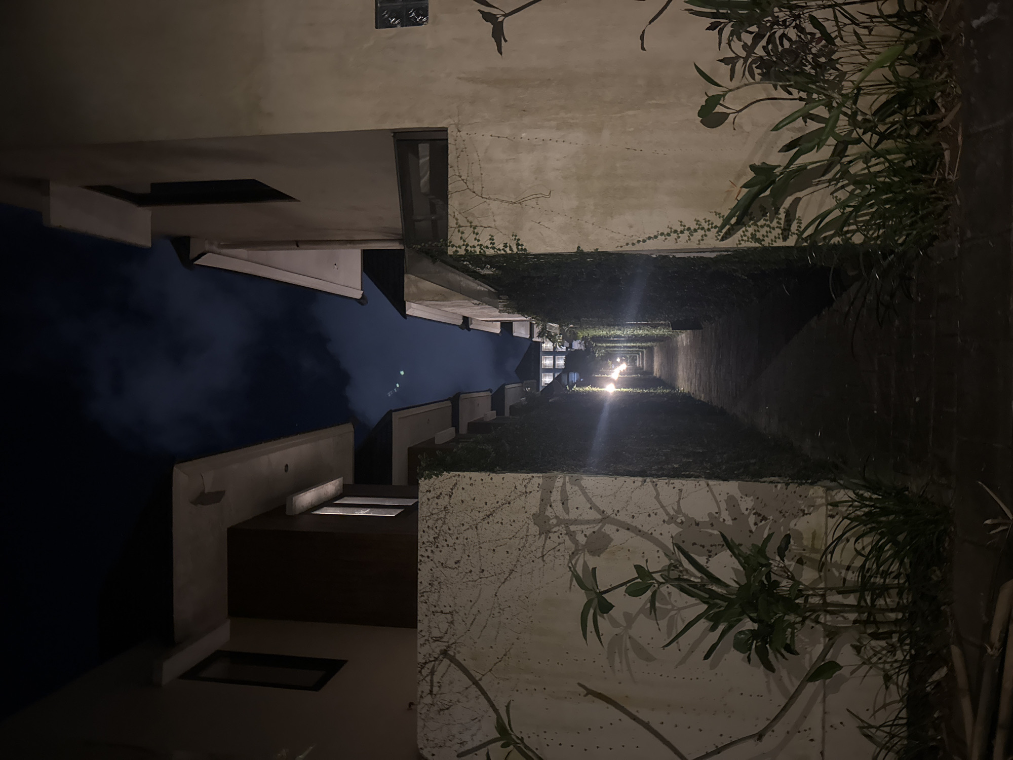 A nighttime perspective view looking skyward shows a narrow space framed by buildings. The walls of the buildings are light colored, possibly white or beige, and covered in patches of greenery and vines. The open sky visible between the buildings is dark blue or black. Distant lights are visible at the far end of the space, suggesting streetlights. The location is Kuta Selatan, Indonesia.