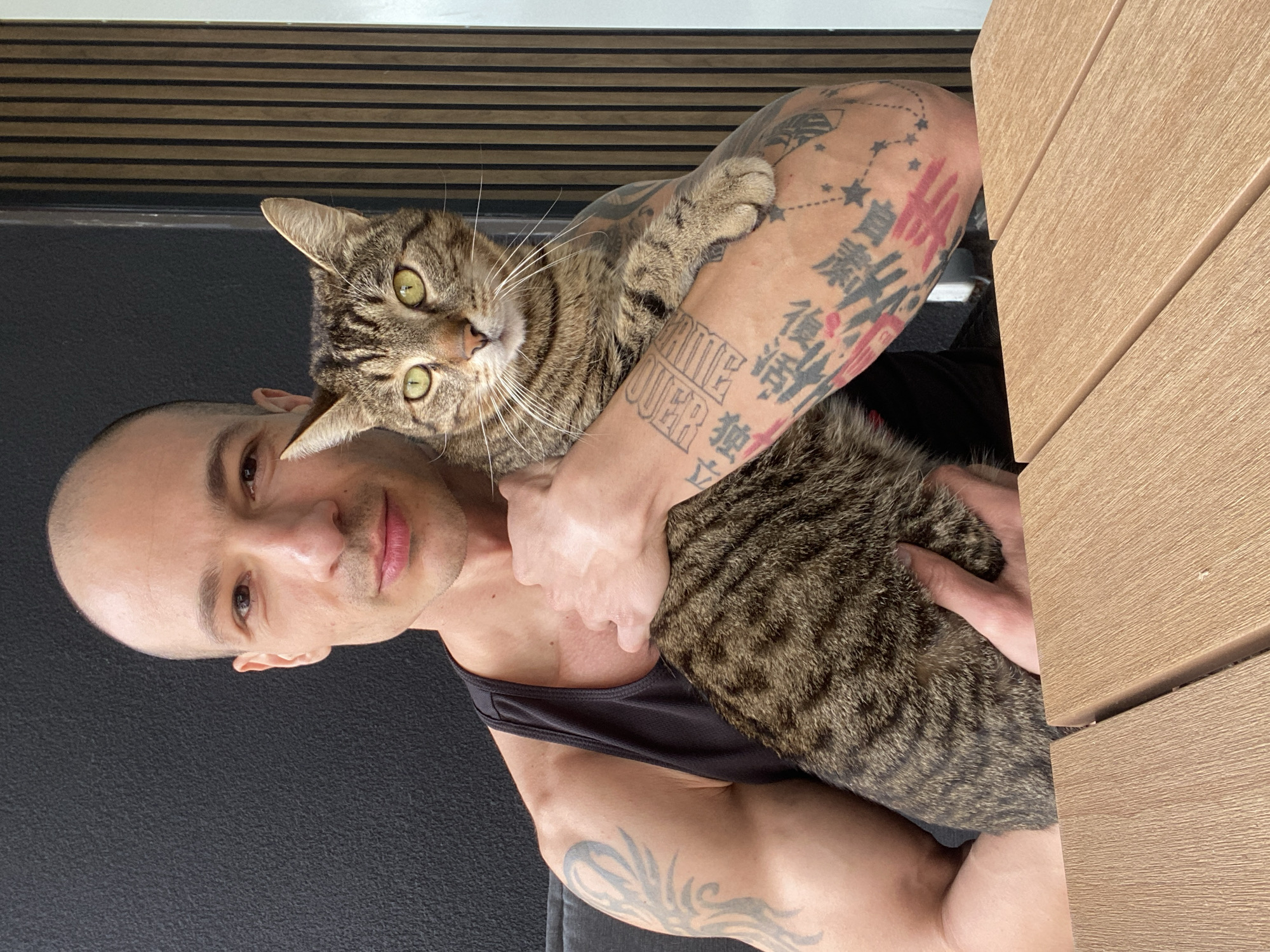 A man with a shaved head and light complexion is holding a brown tabby cat with green eyes. The man is wearing a black tank top and has tattoos on his arms, including constellations, Asian characters, and the words "GAME OVER". The background consists of black and brown striped panels, and a light brown wood panel. There is no indication of this image being related to Pleven, Bulgaria.