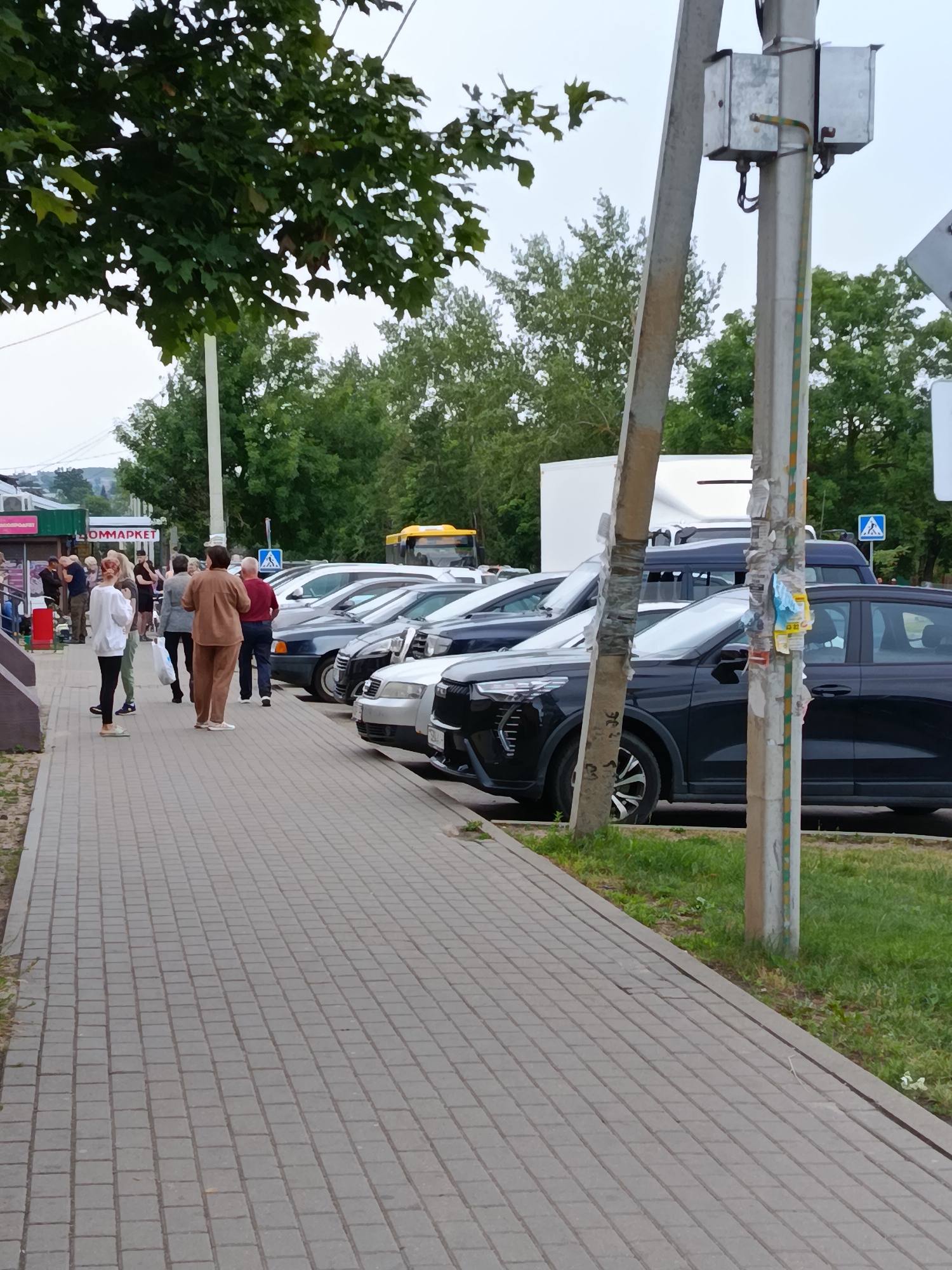 A group of people are gathered on a paved sidewalk in front of a row of parked cars. The cars are parked along the side of a street lined with trees. In the background, there are buildings and what appears to be a yellow bus. The overall scene suggests a public area, possibly a commercial or residential street, in the city of Smalyavitsky Sel'skiy Sovet, Belarus. The time of day appears to be overcast and possibly late afternoon or early evening.