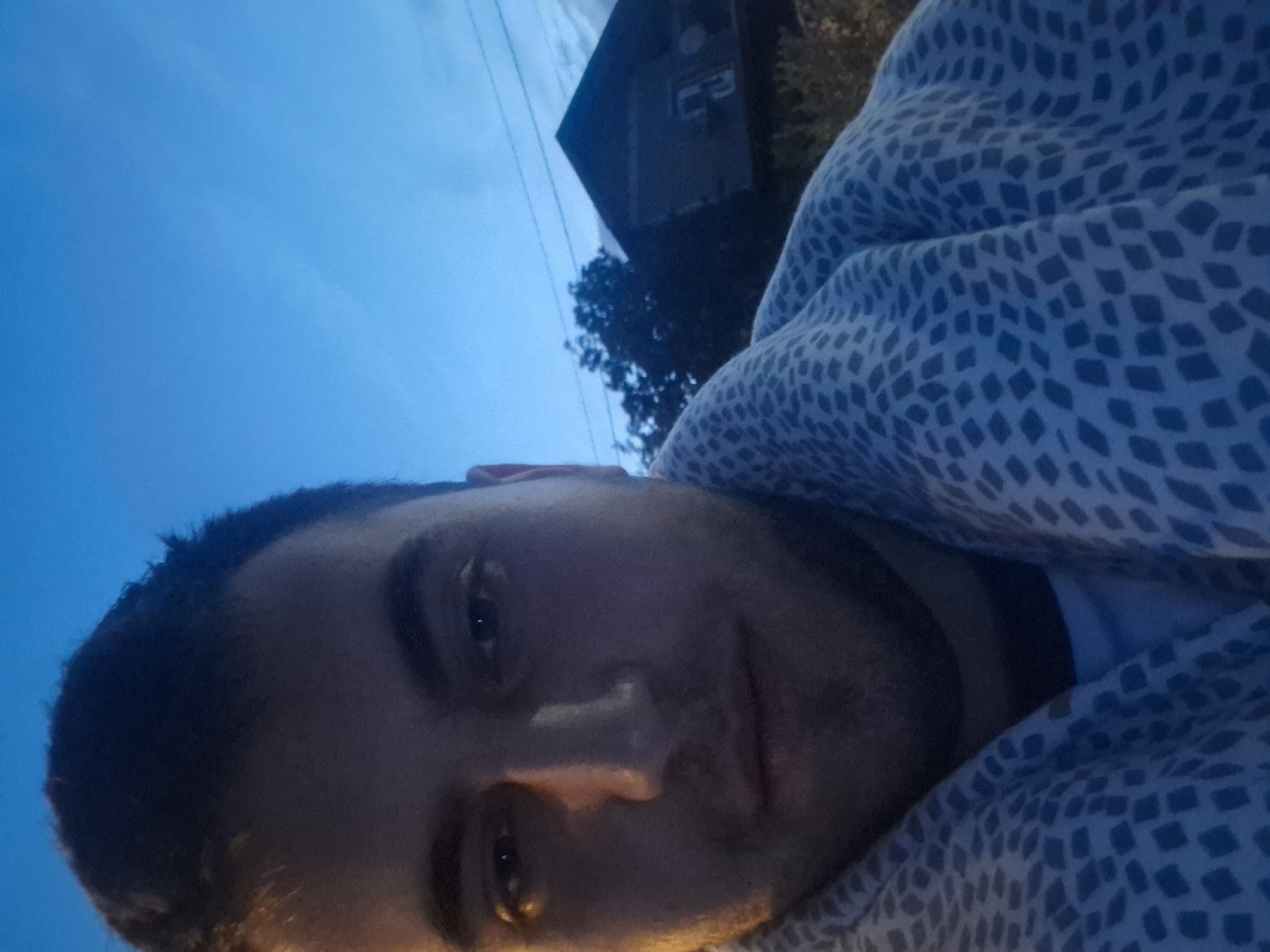 The media file is a low-angle, close-up selfie of a person lying down and covered by a patterned blanket. The person is looking towards the camera with their eyes open and a neutral expression. Their skin appears to be fair, and they have dark, short hair. The blanket is blue and white with a repeating diamond-like pattern.
In the background, a dark building with windows is visible, along with some trees and power lines against a twilight sky. The overall lighting suggests it is either dawn or dusk. The scene appears to be outdoors, possibly in a residential area given the building and power lines. The sky is a deep blue, indicating the low light conditions.
No text is visible in the image. The individual's posture and the blanket suggest a relaxed or perhaps a sleepy state. The image captures a personal moment, likely taken by the subject themselves. The location context provided is Lobosh, Bulgaria.