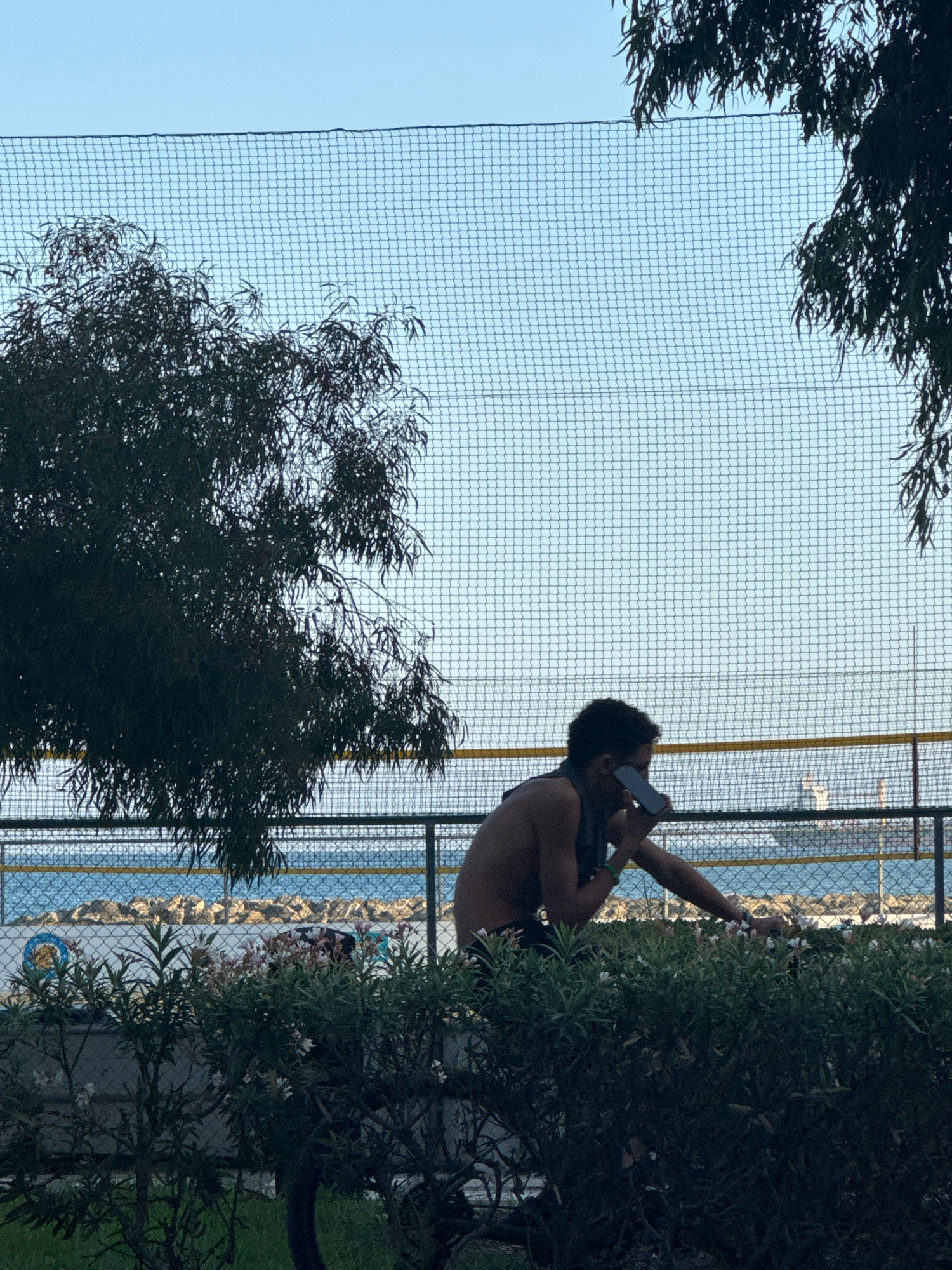 The image shows a person holding a mobile phone to their ear while sitting near a fence with a net. In the background, there is water with some boats and structures, and a clear blue sky above. The foreground features a dark green bush with small white flowers. The overall scene suggests an outdoor setting, possibly a park or a beach area in Limassol, Cyprus, indicated by the presence of the sea and the general ambiance. The person's attire, which appears to be a dark tank top and dark shorts, implies a casual, warm-weather environment. The netting of the fence could be for sports or to keep something contained.