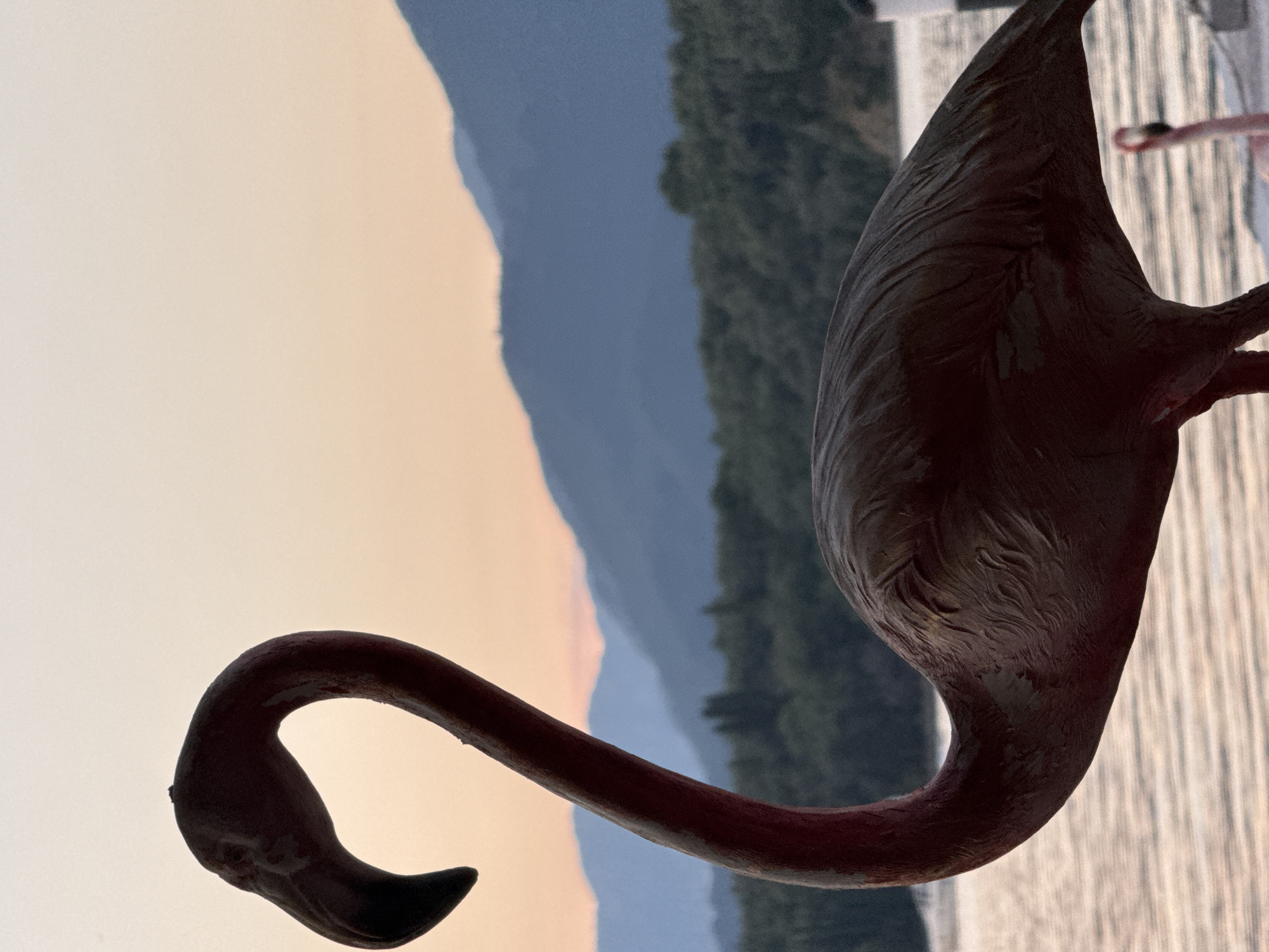 A flamingo figurine is positioned in front of a backdrop showing mountains and a body of water. The flamingo's body and head are prominently featured. The mountains are visible in the background, partially obscured by the flamingo. A lake or sea is on the right side of the frame. The location is Bogišići, Montenegro.