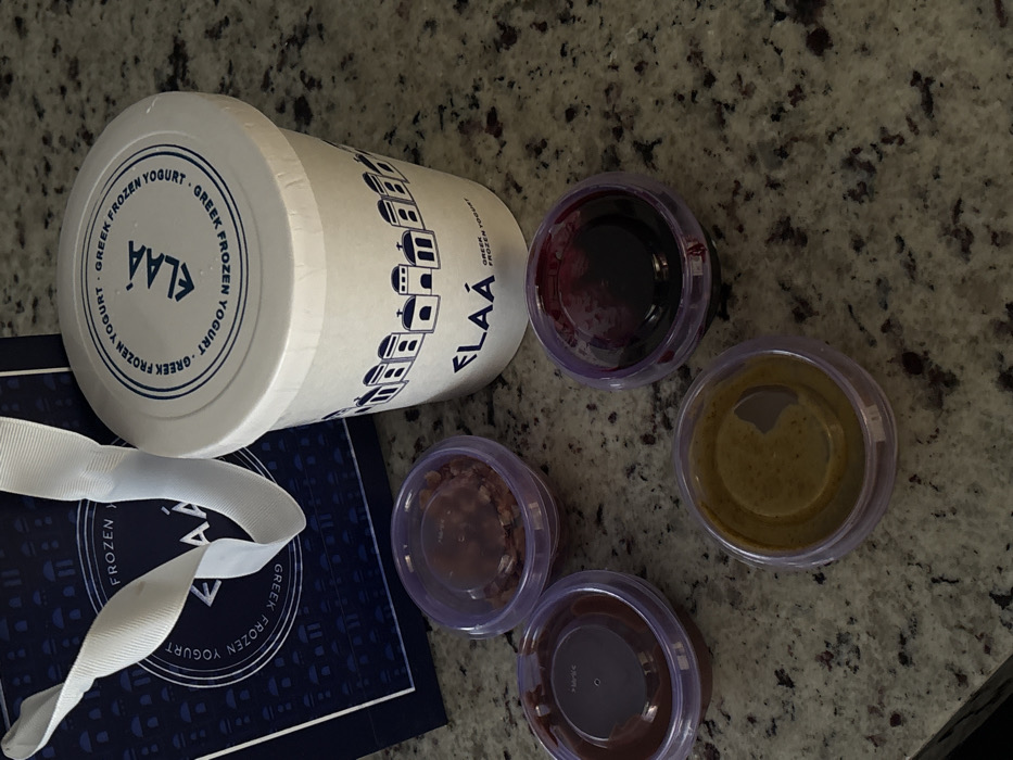A white container labeled "ELAA Greek Frozen Yogurt" rests on its side next to a navy blue gift bag with a white ribbon. Four small, clear plastic containers with lids are positioned nearby. The containers appear to hold various toppings or sauces, with the colors suggesting blueberry, pistachio, caramel, and chocolate flavors. The scene is set on a countertop with a speckled granite pattern.