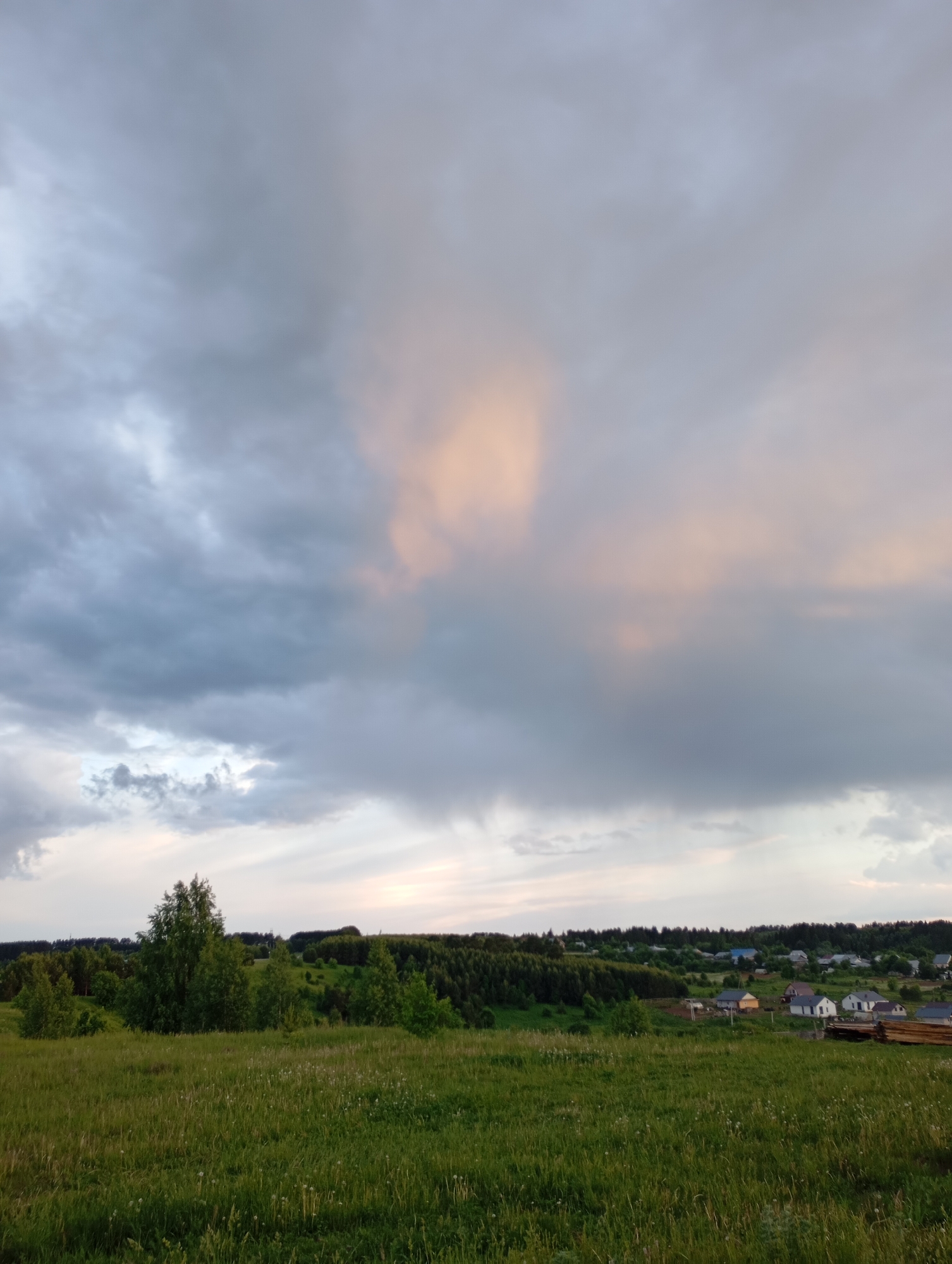 A wide-angle shot depicts a rural scene in Фоки, Russia under a cloudy sky with hints of sunset. A field of green grass occupies the foreground, transitioning to a slightly elevated area with trees and foliage. In the mid-ground, small houses are visible among the trees. In the right foreground, sawn logs are visible.