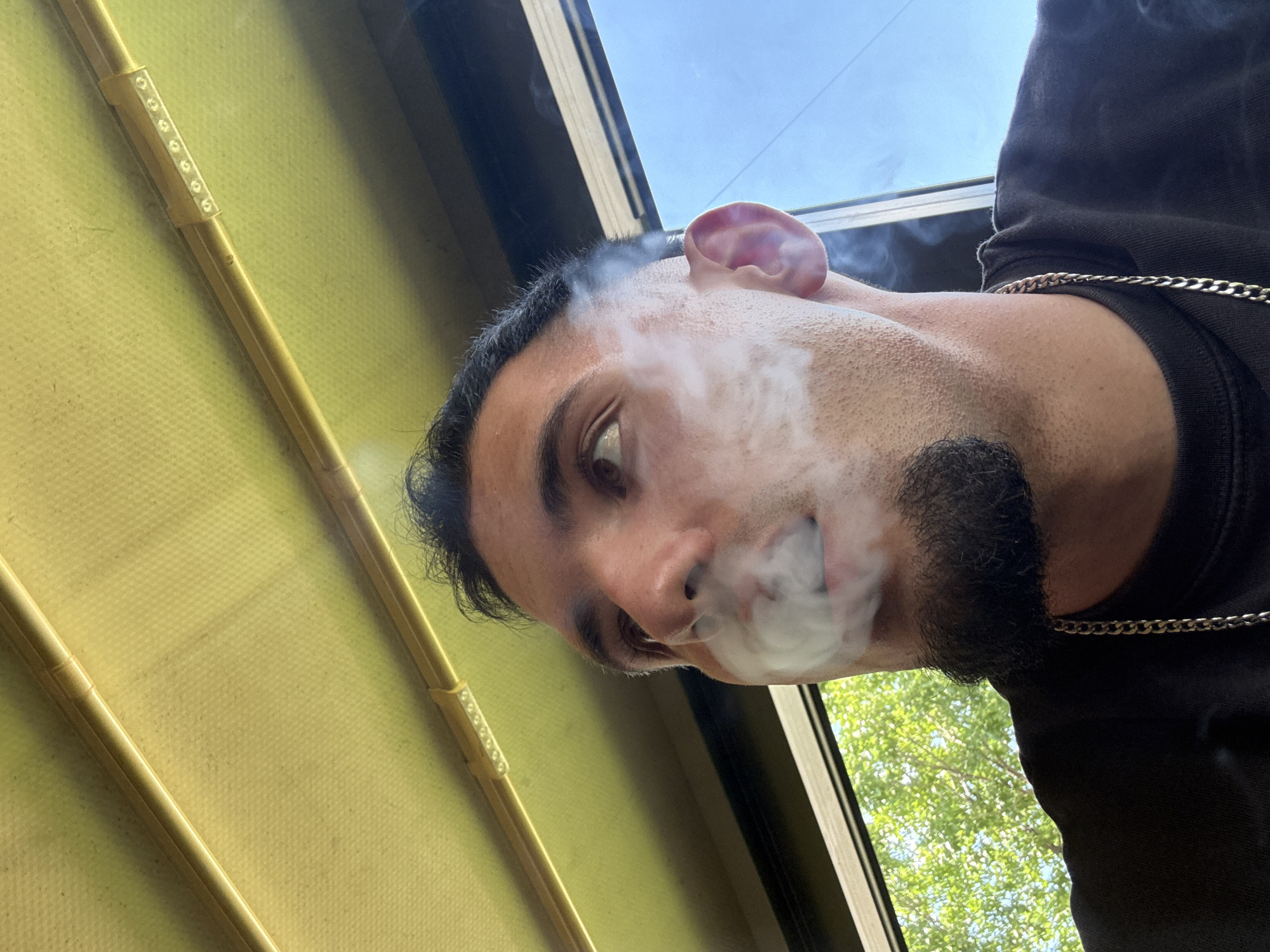 A man with a short, dark beard and a fade haircut exhales smoke. He is looking upwards and to his right. The man is wearing a black shirt and a silver chain. The background shows a yellow ceiling with embedded lights, a window with a view of green trees and a blue sky, and a dark frame around the window. The scene appears to be outdoors, possibly on a patio or under an awning. The location is not specified within the image.