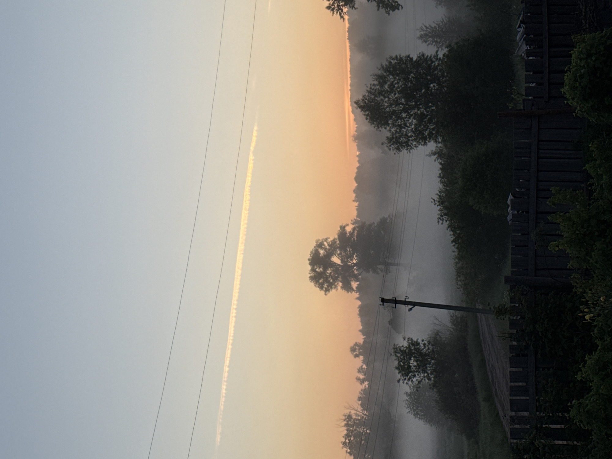 The image depicts a tranquil rural landscape at dawn or dusk, likely in the city of Уральское, Russia, characterized by a pervasive morning fog. The sky transitions from a pale blue at the top to a warm gradient of orange and yellow near the horizon, with a thin, elongated contrail visible in the upper half. Silhouetted trees and a dense forest line the horizon, partially obscured by the mist. In the foreground, a dark wooden fence runs horizontally across the lower portion of the frame, with lush green foliage growing around and over it. To the left of the fence, a dirt road or path winds through the fog. A solitary utility pole with wires is prominent on the right side of the path, also partially shrouded in mist. The overall atmosphere is serene and quiet, evoking a sense of natural beauty and rural solitude. There are no people or animals visible in the scene.