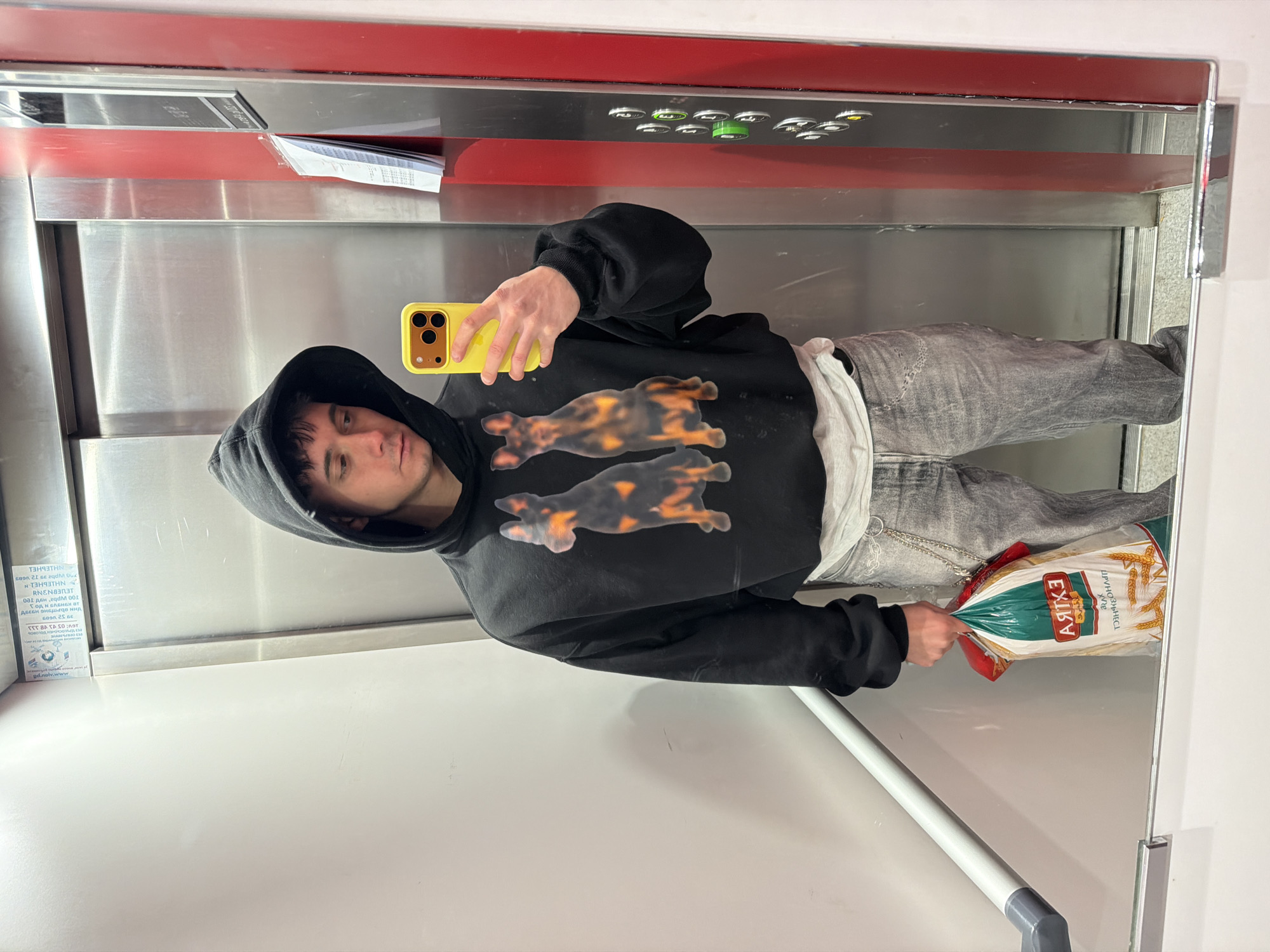 A young adult stands in what appears to be an elevator, taking a selfie in the mirror. The elevator has a metal interior with a red top and buttons visible above. The individual is wearing a black hoodie with dog prints, gray jeans, and is holding a large bag of "EXIKY" bread. A white handrail is visible near the bottom of the frame. The text on the advertisement panel is in Cyrillic, suggesting the location is potentially in a country where that is the primary language. The text also has www.website URL. Considering the name "EXIKY" and Cyrillic script, it's probable the photo was taken in Sofia, Bulgaria.