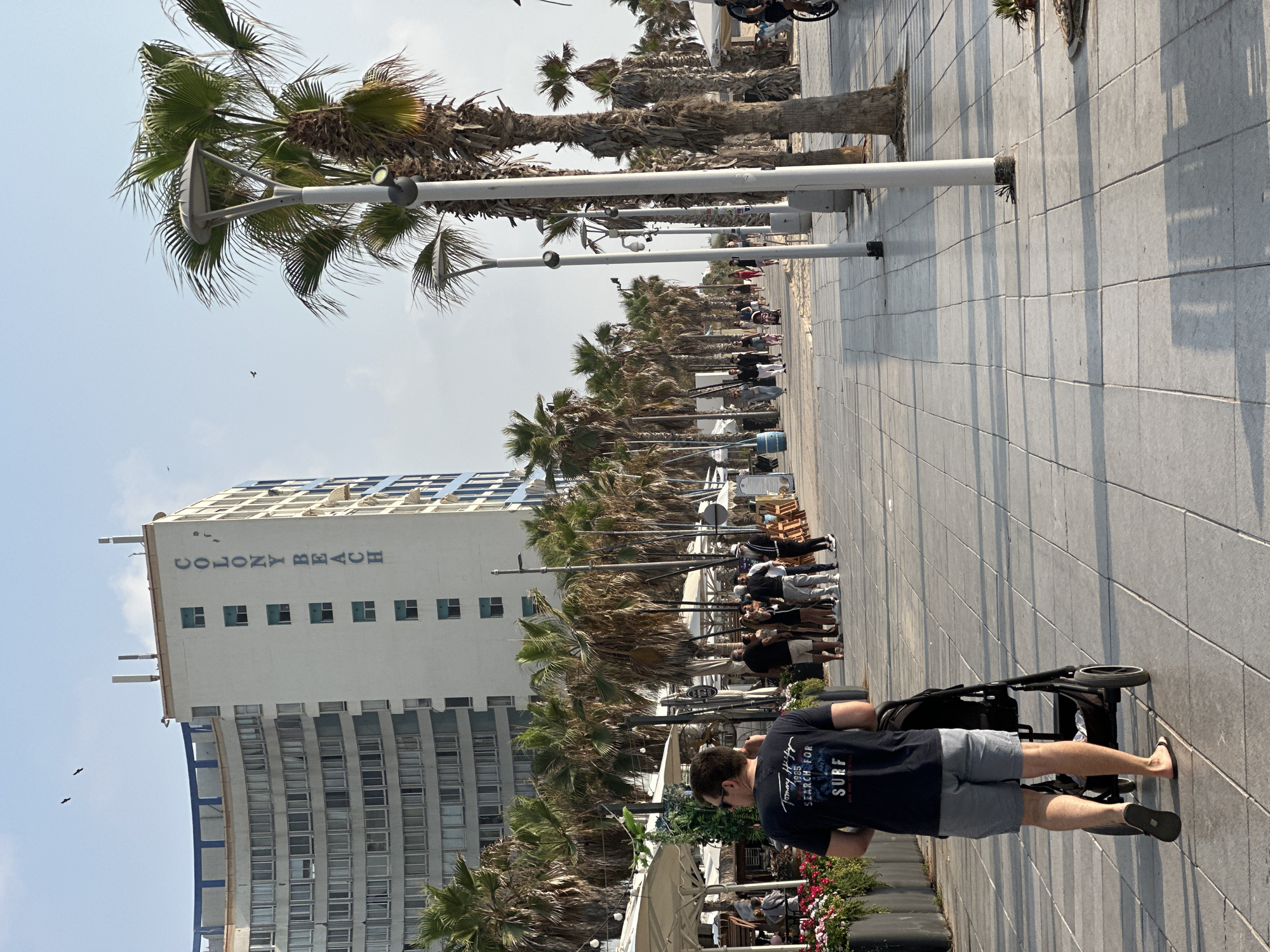 The image depicts a street scene in Bat Yam, Israel, likely on the promenade along the Mediterranean coast, given the presence of palm trees and beach umbrellas. A man wearing a black t-shirt with the text "Tommy Hilfiger 1985 Search For Surf" and grey shorts is pushing a stroller along a tiled walkway. He is walking away from the camera. In the background, a tall, curved white building with blue accents, identified by the signage "COLONY BEACH" vertically on its side, dominates the skyline. Numerous palm trees line the walkway, and several people are visible strolling along the promenade, some gathered around outdoor seating areas of what appear to be cafes or restaurants. The sky is clear and blue with a few distant birds flying. The overall atmosphere suggests a pleasant, sunny day at a popular seaside location.