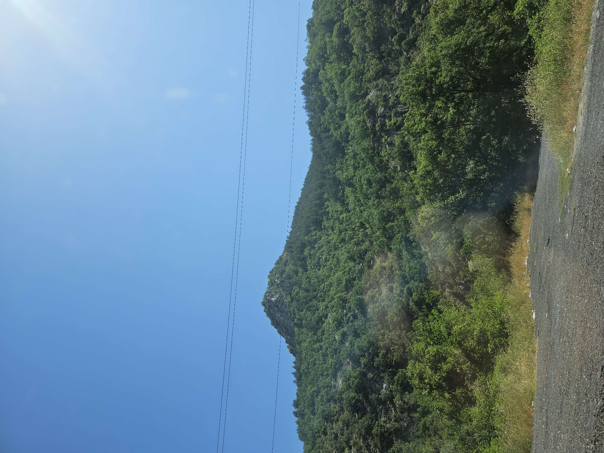 The image captures a sunlit, mountainous landscape characteristic of the region around Stara Kresna, Bulgaria. A clear, bright blue sky dominates the upper half of the frame, with visible lens flare from the sun in the upper right corner. Several dark power lines stretch horizontally across the sky. The central and upper portions of the image feature a large, heavily forested mountain or hill, with its rocky, less vegetated peak visible towards the left. The slopes are densely covered in vibrant green deciduous trees and other vegetation. The foreground consists of an unpaved, gravel road or track, curving slightly to the right, bordered by dry grass, weeds, and dense green bushes. Scattered white litter is discernible along the roadside in the lower portion of the image. No individuals or animals are present.