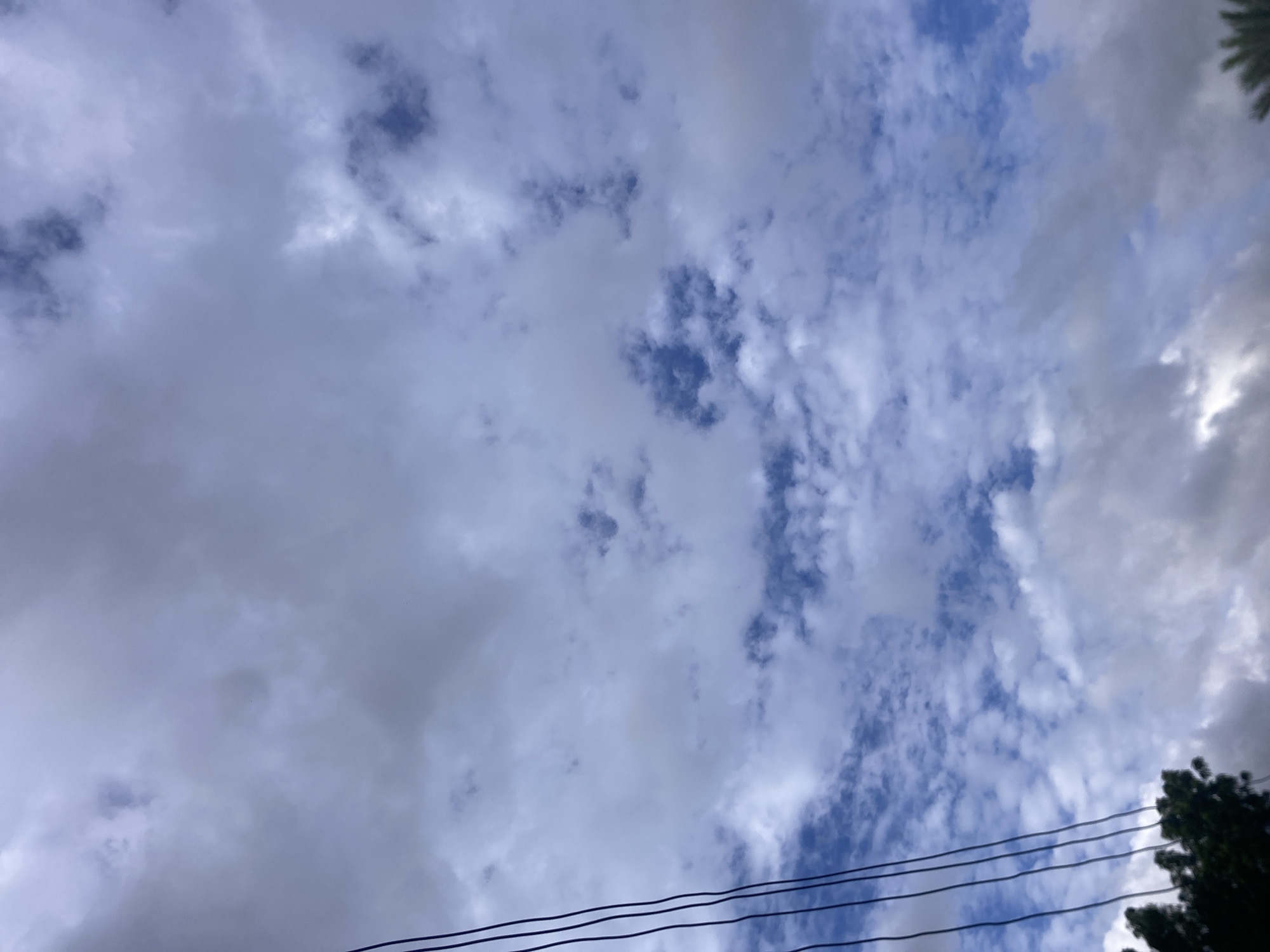 The scene, set in Jalingo, Nigeria, captures a daytime sky characterized by a combination of white, light grey, and darker grey clouds, with visible patches of clear blue sky. Multiple dark electrical power lines extend diagonally from the upper left quadrant towards the lower left. Dark green tree foliage is partially visible along the bottom left edge of the frame. No individuals are present, and no specific actions or interactions are depicted within the environment.