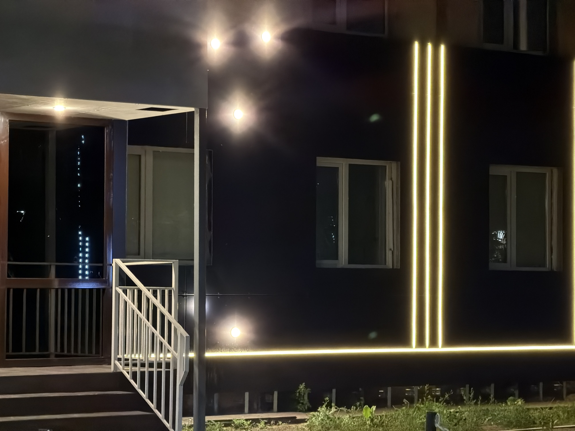 The image depicts the exterior of a modern building at night, possibly in Pavlodar, Kazakhstan. The building features a dark facade illuminated by several light sources. There are three vertical yellow LED light strips positioned centrally on the facade, with a horizontal strip running along the base of the building. Circular lights are also visible, casting a warm glow. Two windows are visible on the dark facade, one on the left and one on the right, with white frames and glass panes reflecting the external lights. To the left of the dark facade, a section of the building is lighter in color and features an entrance with a railing and stairs. Inside the entrance, a dark opening reveals reflections of vertical white lights. The foreground shows a grassy area with some foliage and a metal railing. The overall scene is characterized by artificial lighting creating a stark contrast against the dark building and the night sky.