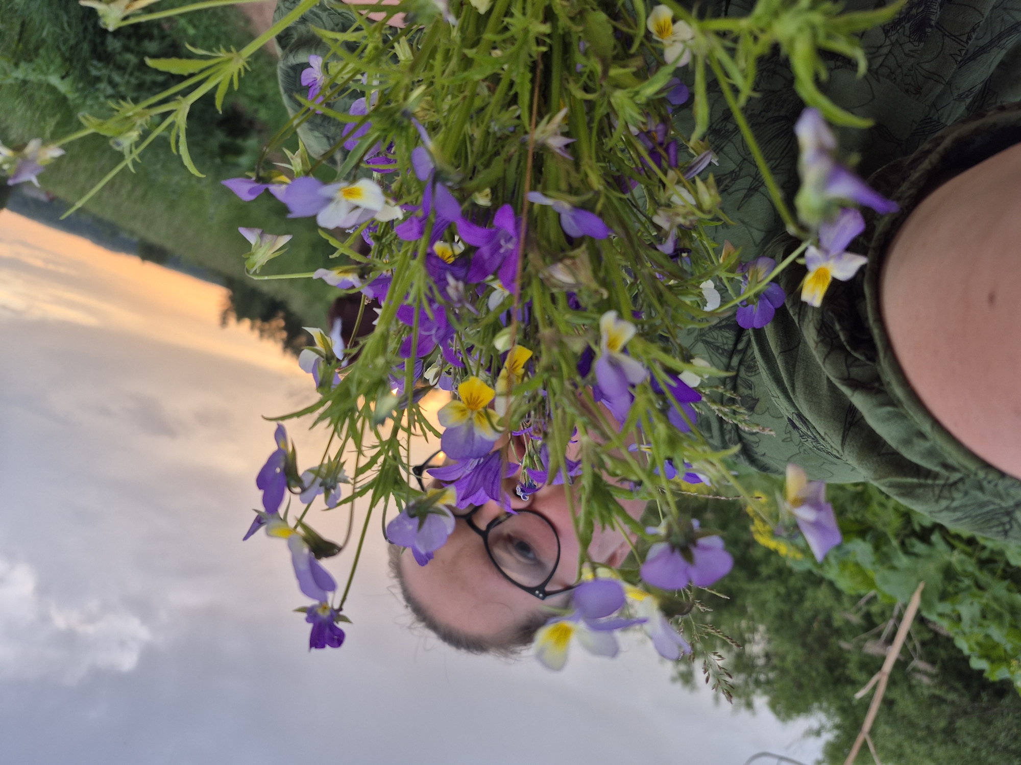 A person wearing glasses and a green shirt holds a bouquet of purple and yellow wildflowers in front of them, obscuring their face. They are outdoors in a grassy field with trees in the background. The sky is cloudy and shows the warm colors of sunset. The image appears to be taken in Doinaya, Russia.