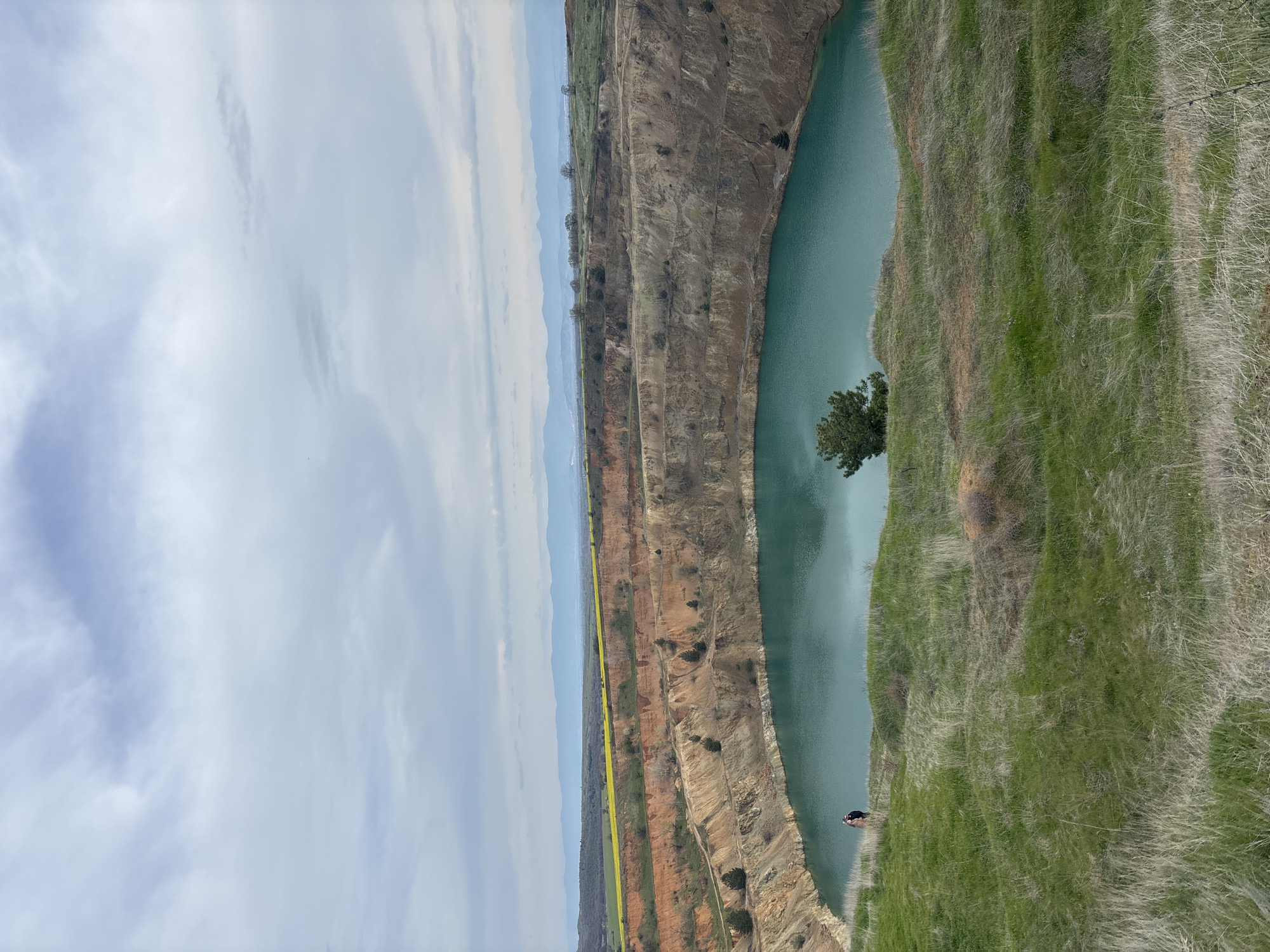 The image captures a portion of the "Emerald Lake" quarry in Tsar Asen, Bulgaria. The quarry pit, filled with turquoise water, occupies the center of the frame, with a tree growing near the water's edge. The quarry walls display layered earth tones, indicating the depth and composition of the excavated area. A strip of vegetation and distant mountains can be seen in the background. On the right, the grassy bank slopes down to the quarry's edge. A person in dark clothing stands on the quarry edge. The sky is overcast with a mix of clouds.
