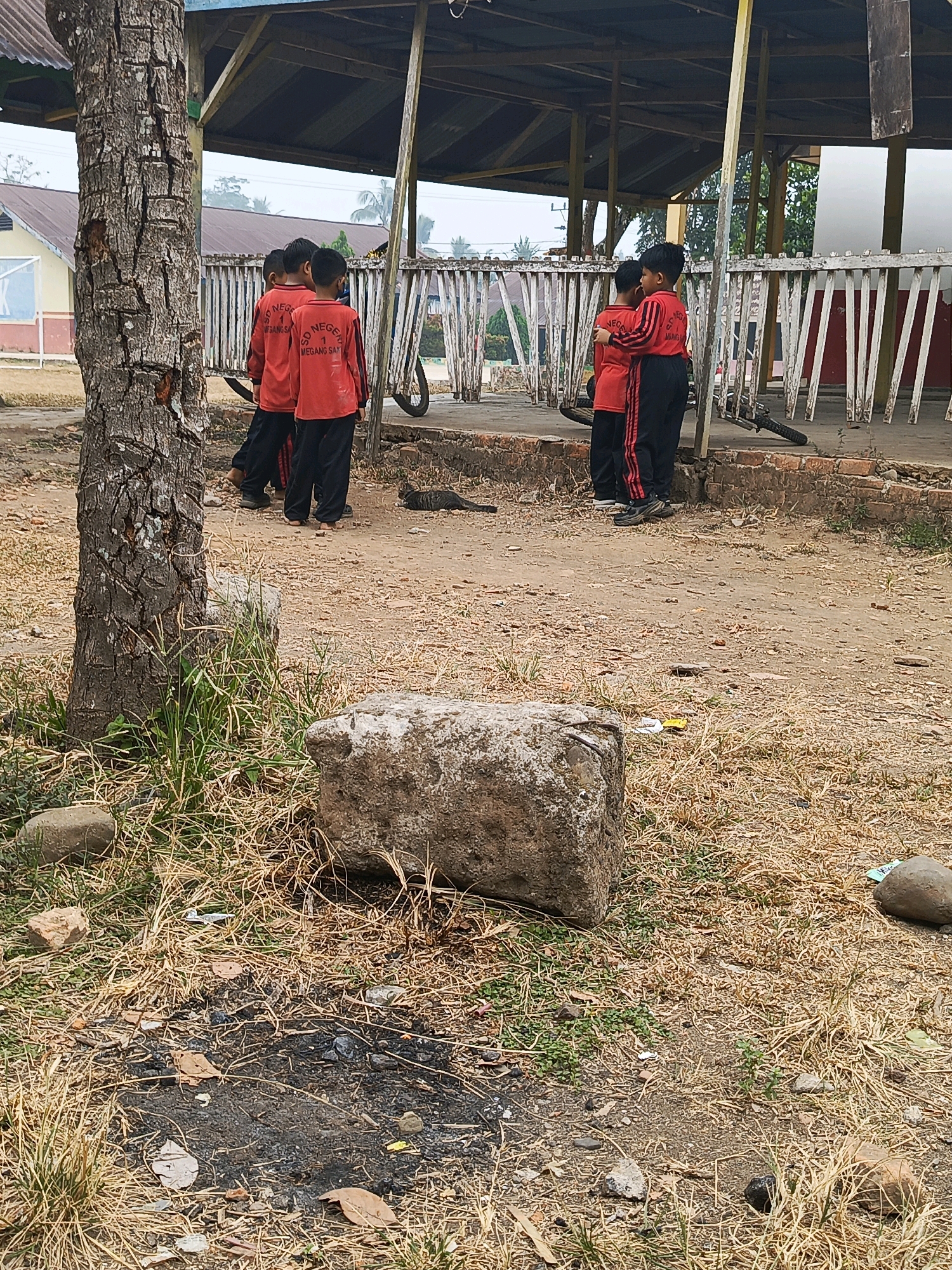Four young boys, dressed in red long-sleeved shirts and black pants with red stripes, stand together in an outdoor area. Three of the boys are facing away from the camera, while one boy, who is partially obscured, is turned slightly to the side. They are standing on a dirt and dry grass ground. Behind them, a wooden structure with a roof supported by yellow poles is visible. A bicycle is lying on its side in front of a brick wall. In the foreground, a large, rough stone sits on the dry grass, and a tree trunk is prominent on the left side of the image. A cat is lying on the ground further in the background. The environment appears to be a schoolyard or a public outdoor space in Megang Sakti II, Indonesia.