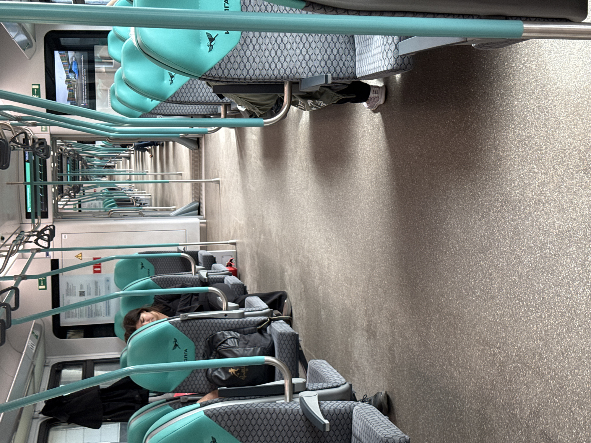 The image depicts the interior of a modern train carriage, likely a commuter or aeroexpress train, given the presence of luggage and the general aesthetic. The train has rows of turquoise and grey seats with a patterned fabric. Overhead luggage racks are visible, along with safety handles and poles for standing passengers. A screen displaying a cityscape is mounted at the front of the carriage. Several passengers are seated, some with their backs to the camera, and others partially visible. One passenger in the foreground is wearing dark clothing and looking down. The floor of the carriage is a speckled grey material. The lighting suggests an indoor environment with some natural light filtering in, creating shadows. The scene is tidy and well-maintained, indicative of public transport infrastructure. Given the mention of Vnukovo, Russia, it is highly probable this is a Vnukovo Aeroexpress train, which connects Moscow to Vnukovo International Airport.