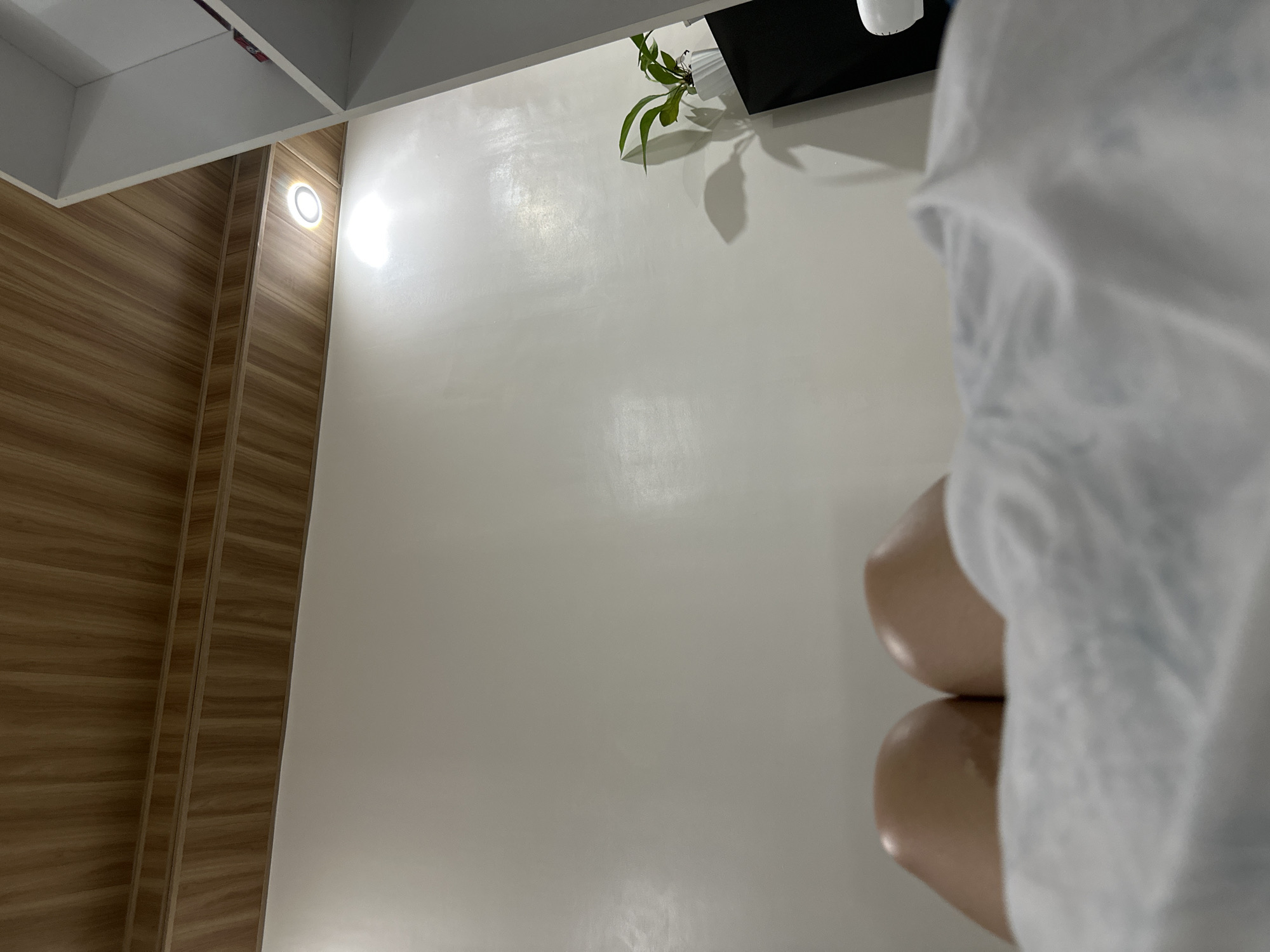 The image depicts an indoor scene with several elements. On the left, there's a portion of a wooden cabinet or wall with a circular light fixture. In the upper-left, there appears to be some white shelving. The central area features a light-colored, possibly white, surface, perhaps a table or countertop, with a potted plant and a dark object (possibly a speaker) placed on it.
Partially visible on the right side are what seem to be human legs or limbs, draped with a white, possibly fabric, material.
Given the lack of discernible landmarks or context, determining the specific location within Davao City, Philippines, is impossible.