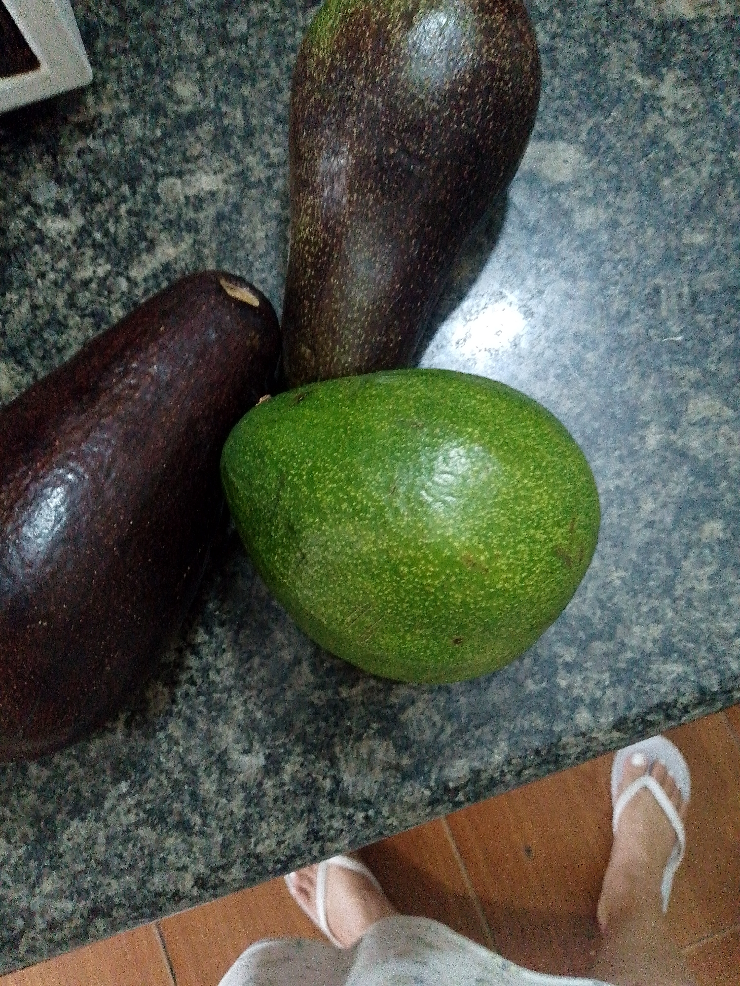 Three avocados are arranged on a dark speckled countertop. One avocado is larger and a deep purplish-black color, positioned to the left and slightly below the other two. Another avocado, also purplish-black but slightly smaller, is placed above and to the right of the first. The third avocado is a vibrant green and is situated in the center, below the purplish-black avocado above it. The countertop appears to be granite or a similar stone material. In the lower right corner of the image, a person's feet are visible wearing white flip-flops. They are standing on a tiled floor. The scene is indoors, likely in a kitchen setting.