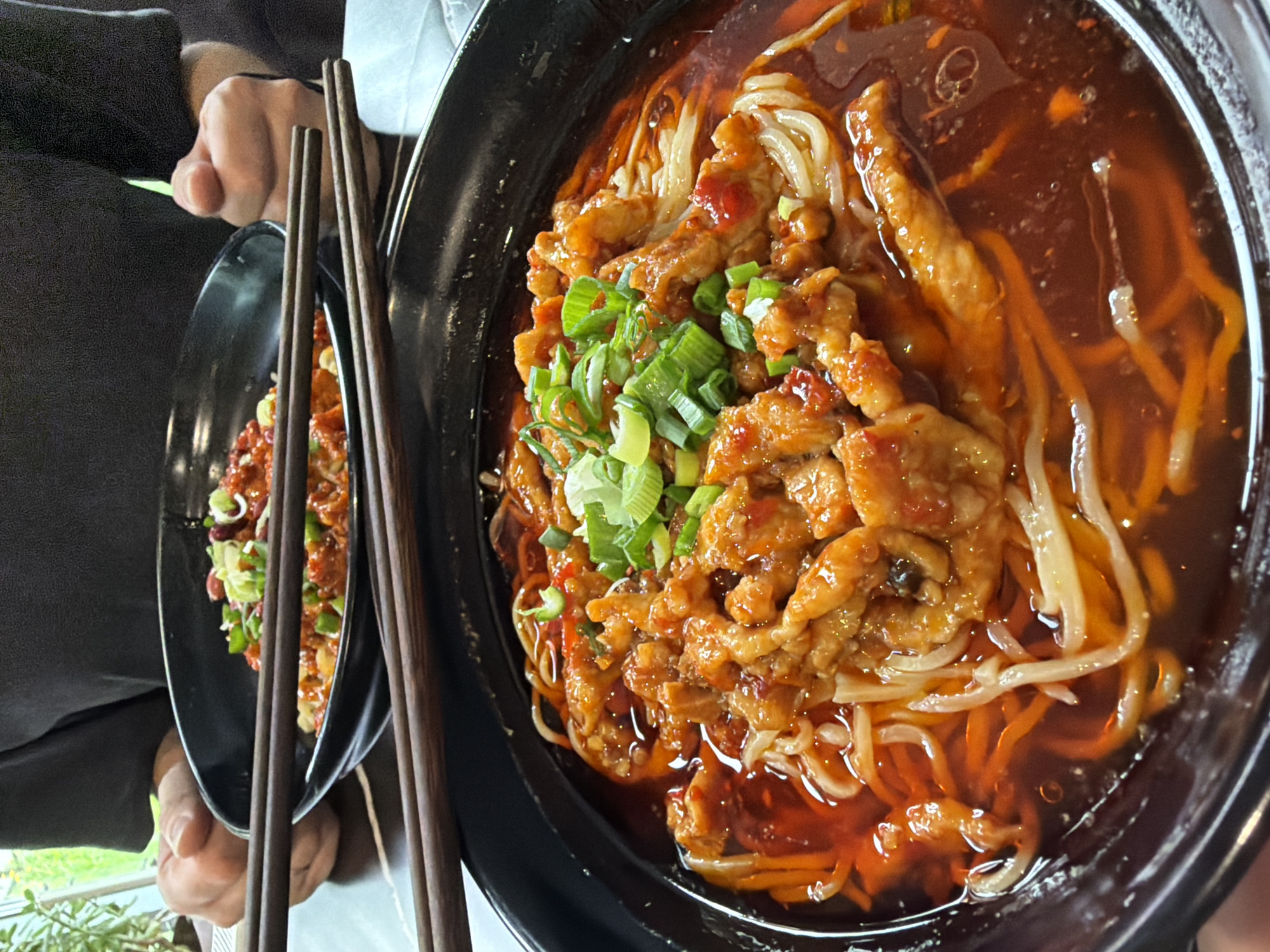 Here is a forensic description of the image:
**General:** A close-up, slightly angled shot of two bowls of noodle dishes. The bowls are black and appear to be ceramic or plastic. Chopsticks are visible in the foreground.
**Food:** The primary bowl is filled with noodles, julienned carrots, and a generous portion of what appears to be stir-fried meat, garnished with chopped green onions. The dish is covered with a reddish-brown sauce. The secondary bowl contains a similar noodle dish, but it is partially obscured.
**People:** Part of a person's torso and hand are visible on the left side of the frame, holding the secondary bowl.
**Objects:** Chopsticks, two bowls, noodles, stir-fried meat, green onions, and sauce.
**Setting:** It's impossible to determine the exact location in Saint Petersburg, Russia, or even if it is there, based on this image. The background is blurred, offering no discernible clues.