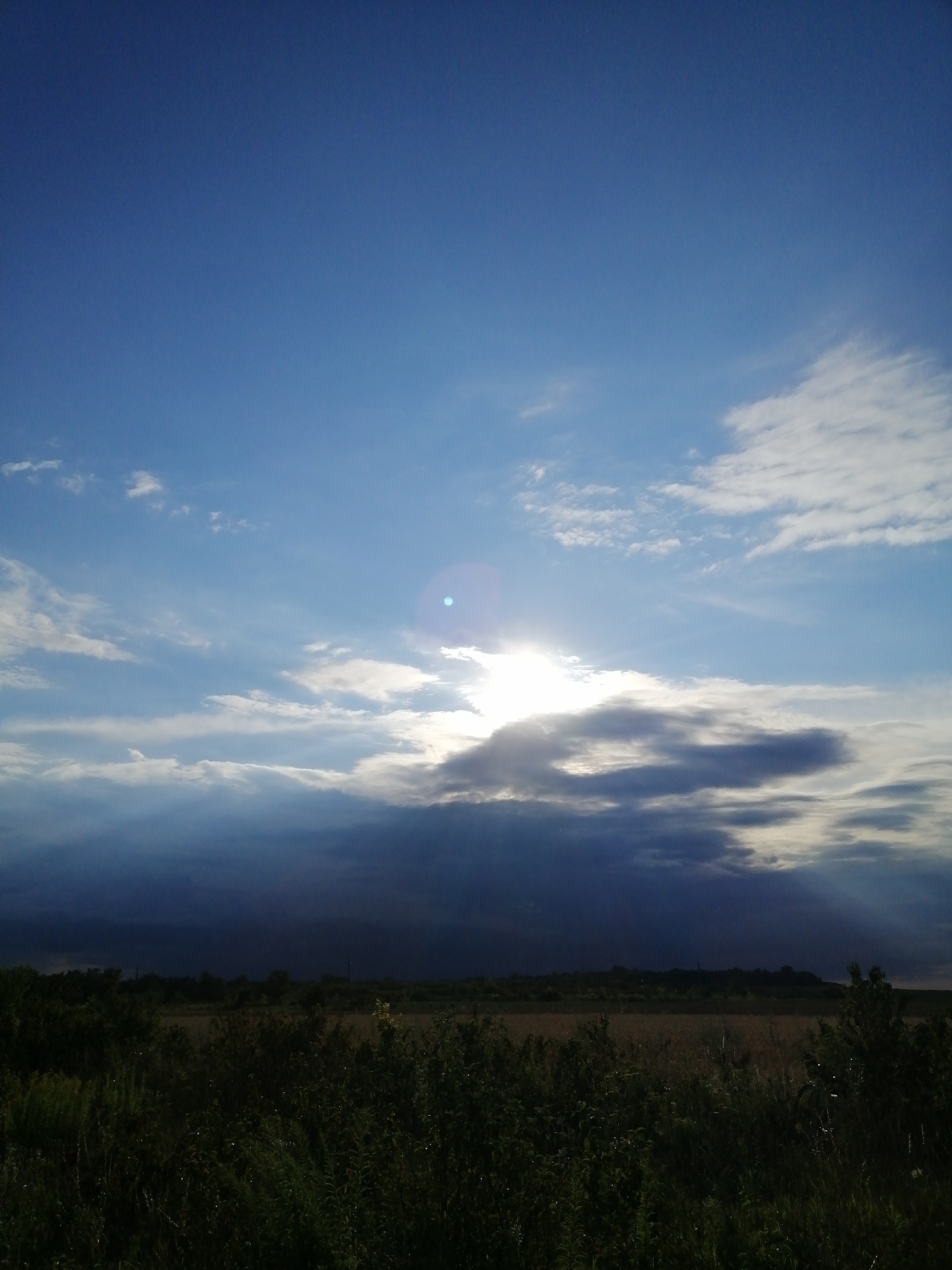 The image depicts a vast, partly cloudy sky over a rural landscape. The sun is visible, slightly obscured by clouds, casting rays of light downwards. The sky is a deep blue, with lighter clouds scattered across it, some appearing wispy and others more dense. In the foreground, there is a dense growth of dark green vegetation, possibly a field of crops or wild plants, with hints of dry grass or hay visible further back. A darker, perhaps stormy, cloud formation looms in the distance, contrasting with the brighter sky. The overall impression is one of an approaching or receding storm, with a dramatic interplay of light and shadow. The scene suggests a natural, outdoor setting, likely in the countryside. The time of day appears to be either early morning or late afternoon, given the angle and quality of the sunlight. There is no visible text in the image. The location context provided is Mali Kuskivtsi, Ukraine, which aligns with the rural, open-field aesthetic.