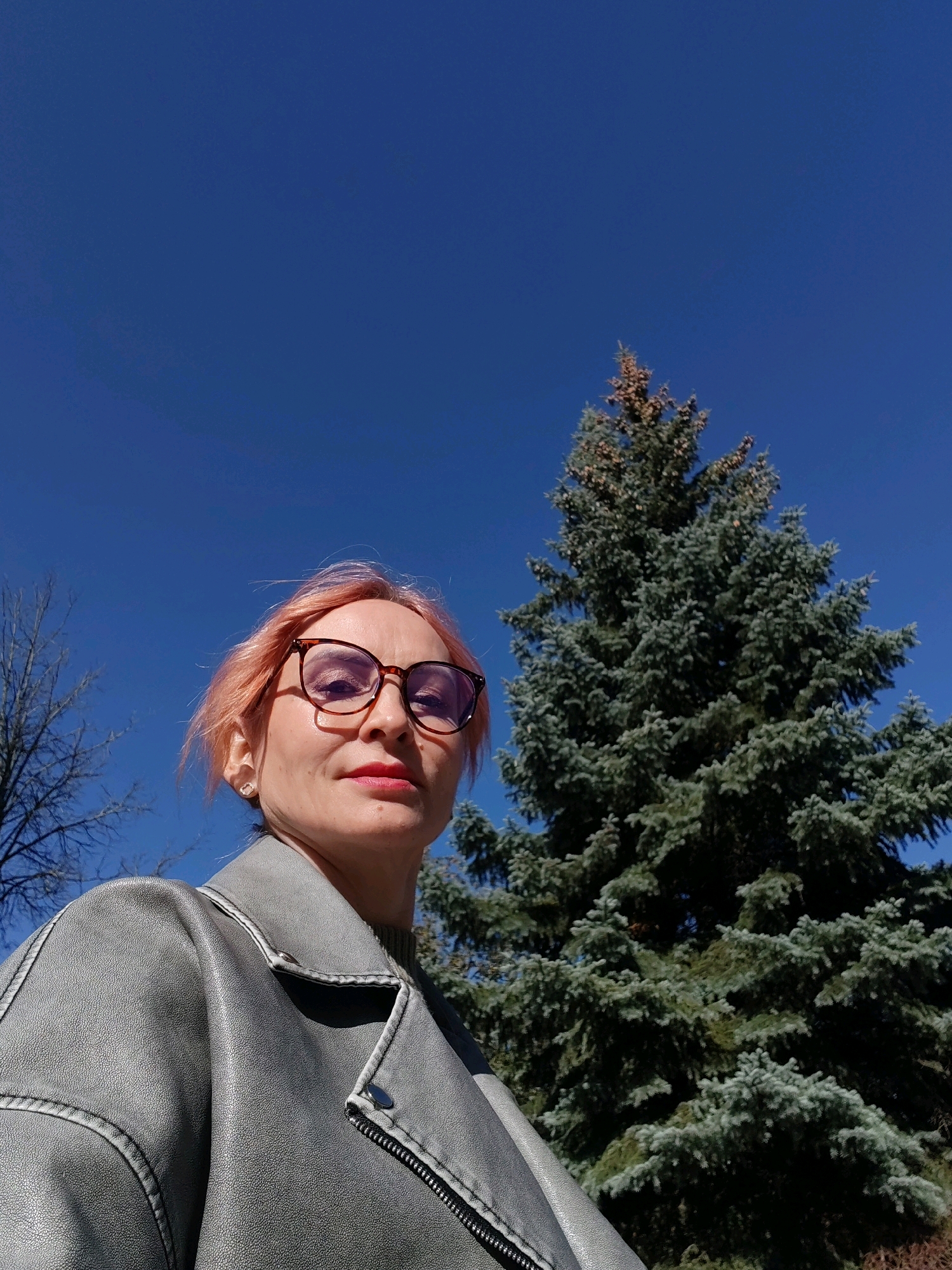 A low-angle, medium shot captures a woman with short, light pink hair and glasses, wearing a grey faux leather jacket, looking upwards outdoors. Her face is illuminated by sunlight, and she has on a light pink lipstick. Behind her, a tall, mature evergreen tree with brown cones stands prominently against a clear blue sky. To the left, the bare branches of another tree are visible. The overall environment suggests a park or outdoor recreational area within the city of Chaikovsky, Russia. The image is sharp and well-lit, with natural lighting contributing to the scene's clarity.