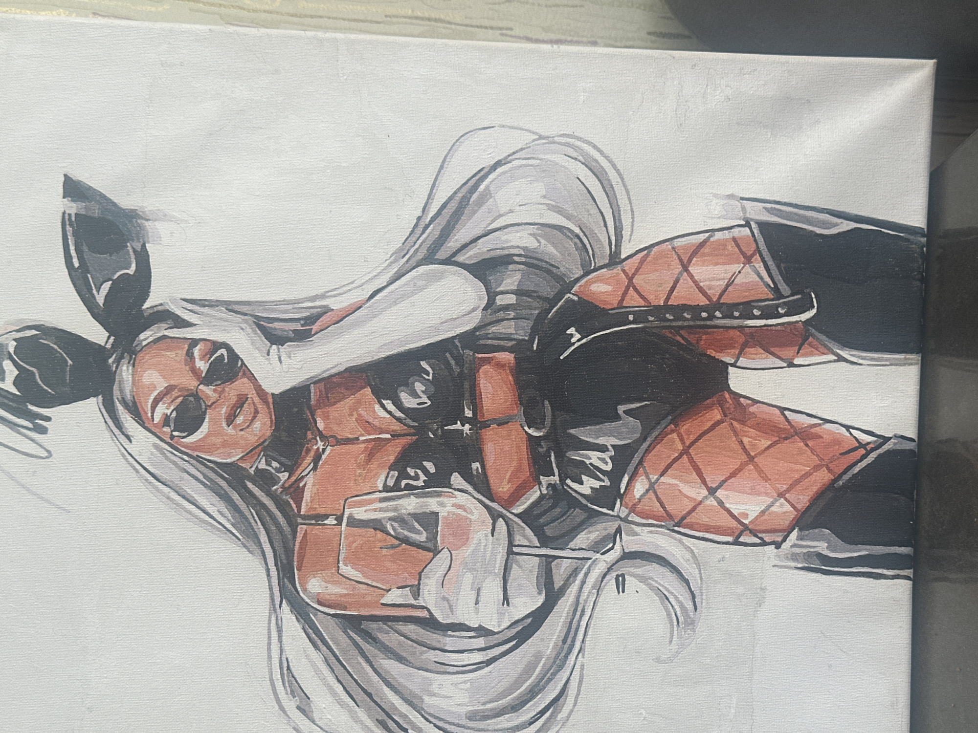The image is a painting of a figure resembling a woman with long, light gray hair, wearing sunglasses and bunny ears. She is dressed in black clothing with red cross-hatch patterns on her thighs and lower legs, which may represent fishnet stockings. Her skin appears to be light reddish-brown in color. She is holding what appears to be a lit cigarette in her right hand. The background is plain white. The image does not provide any information about the location in the city of Высокий, Russia.