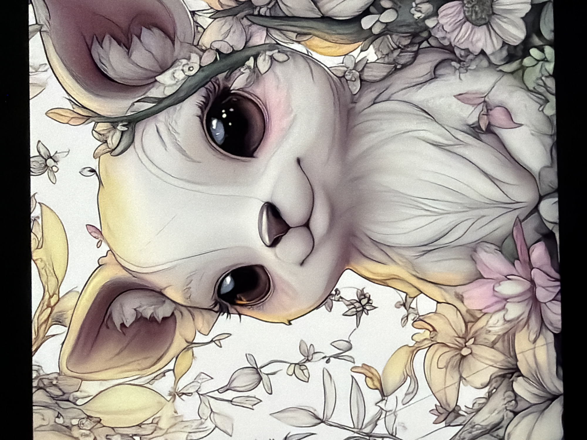 This digital illustration depicts a stylized creature resembling a small fox or fennec, presented in a close-up portrait. The creature's face is light cream to white, featuring large, rounded ears with light yellow-orange exteriors and reddish-purple interiors. Its eyes are notably large, dark, and highly reflective, displaying distinct white specular highlights and long, dark eyelashes. A soft pink blush is visible beneath each eye. The creature has a small, dark, triangular nose and a gently upturned mouth forming a subtle smile, conveying a serene expression. Fine linear details suggest fur texture around its neck and chest.
The creature is framed by an abundant arrangement of stylized flora. This includes light pink and yellow flowers in various stages of bloom, intermingled with green vines, leaves, and buds. The flora is rendered with distinct outlines and soft shading, complementing the central subject. The background is a plain, uniform white, enhancing the visibility of the creature and its floral surroundings. The overall aesthetic is illustrative and gentle.
The image is an artistic rendering and does not contain any visual information or indicators of a specific physical location, including the city of Kyiv, Ukraine, or any other geographical place.