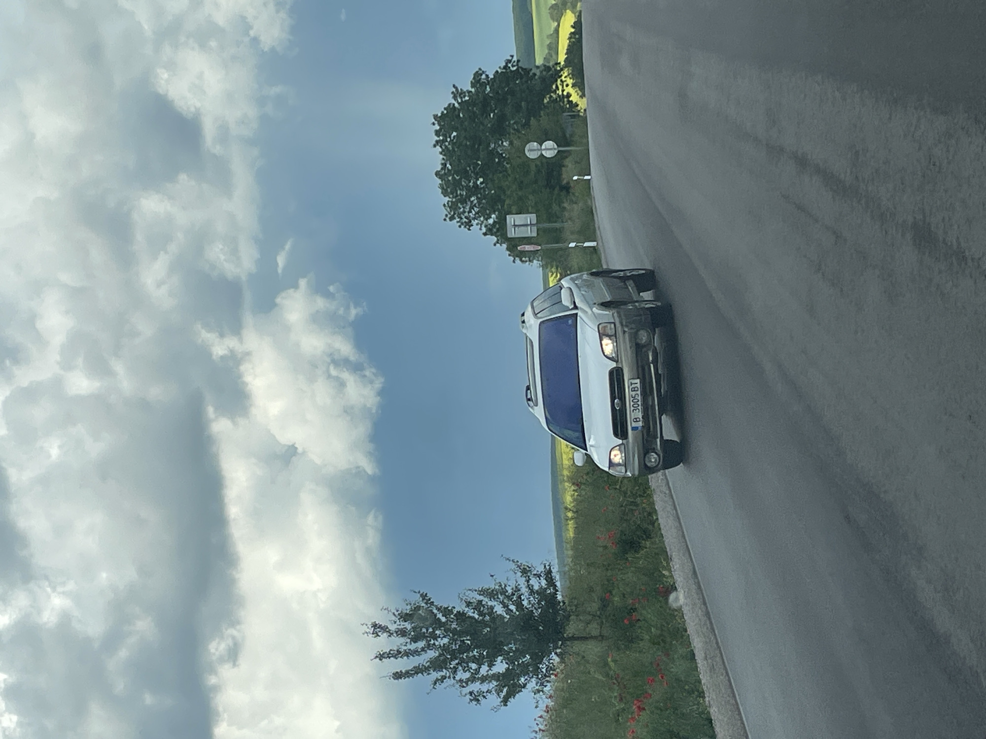 A silver car is traveling on an asphalt road. The license plate reads "B 3005 BT." The surrounding environment includes greenery with red flowers and trees. The sky is filled with clouds.
