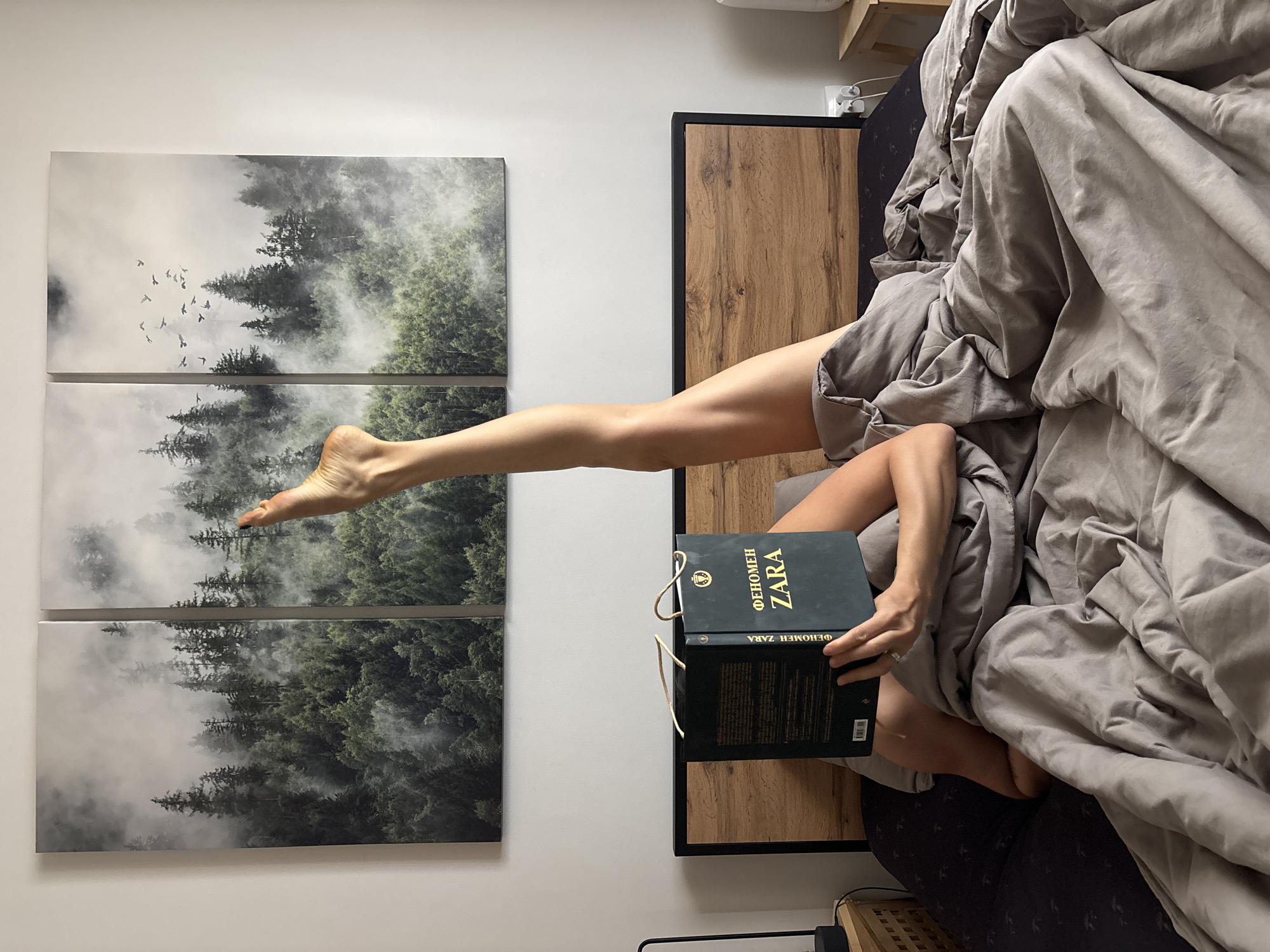 A person is reclining in a bed with gray bedding, reading a book titled "ФЕНОМЕН ZARA" ("Phenomenon ZARA"). One leg is extended straight up in the air, with the foot positioned near a multi-paneled wall art piece depicting a misty forest scene. The bed frame is wooden with a dark border. The location is in an indoor space, possibly a bedroom, in Chaikovsky, Russia, based on the Cyrillic text on the book.