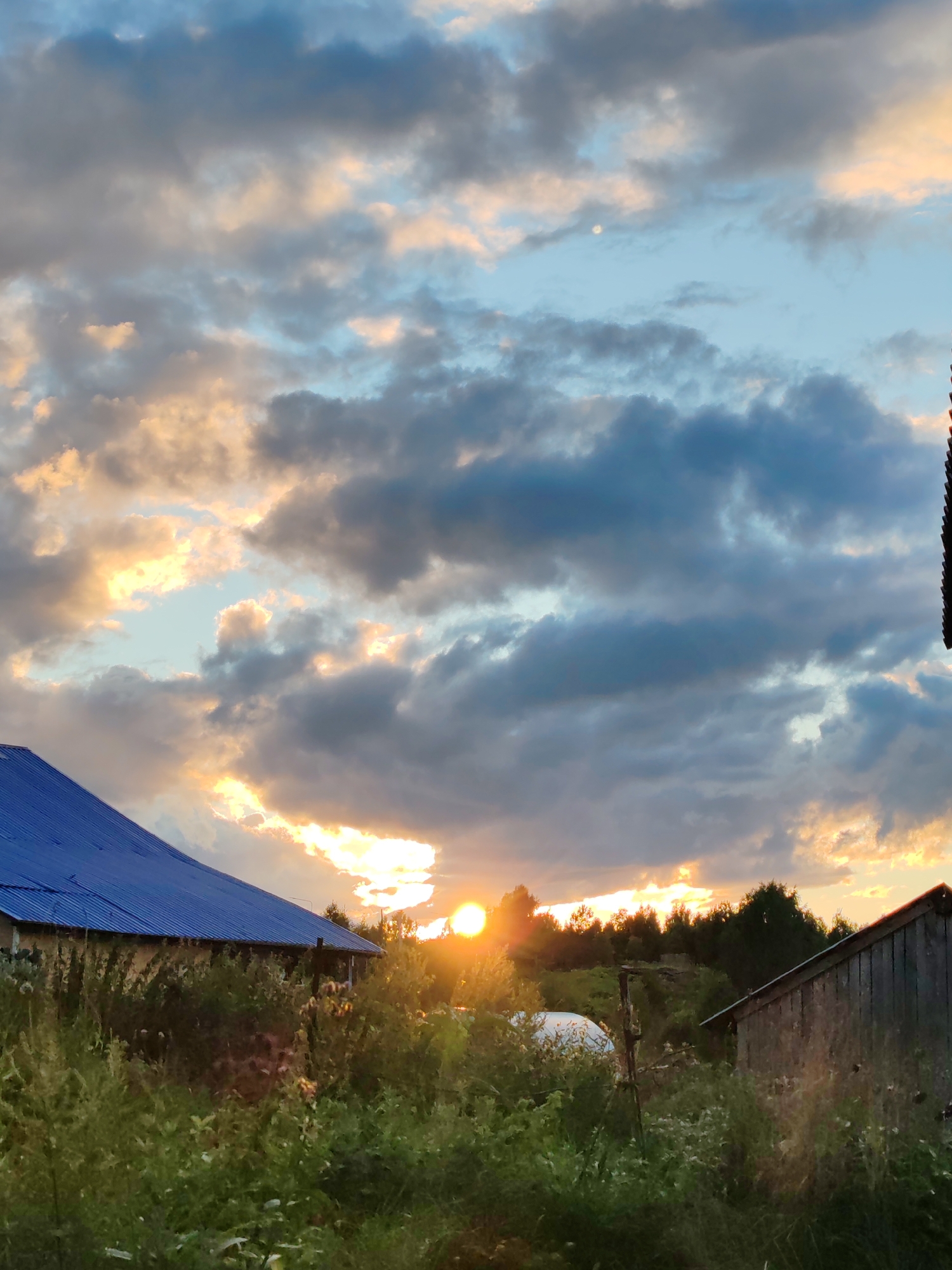 This is a photograph of a rural landscape at sunset, likely taken in the village of Chukhlem, Russia. The sky is filled with dramatic clouds, illuminated by the setting sun, which appears as a bright orb low on the horizon. The sun's rays are breaking through the clouds, casting a warm glow on the scene.
In the foreground, there is dense green vegetation, including tall grass and various plants, suggesting an overgrown or natural setting. To the left, a portion of a building with a bright blue, ribbed roof is visible, partially obscured by the vegetation. To the right, a weathered wooden structure, possibly a shed or outbuilding, stands with vertical planks. A thin, dark pole or stake is also present in the vegetation. The background features a line of dark trees silhouetted against the illuminated sky, and a white, dome-shaped structure, possibly a greenhouse or an agricultural dome. The overall impression is of a serene, natural environment at the end of the day.