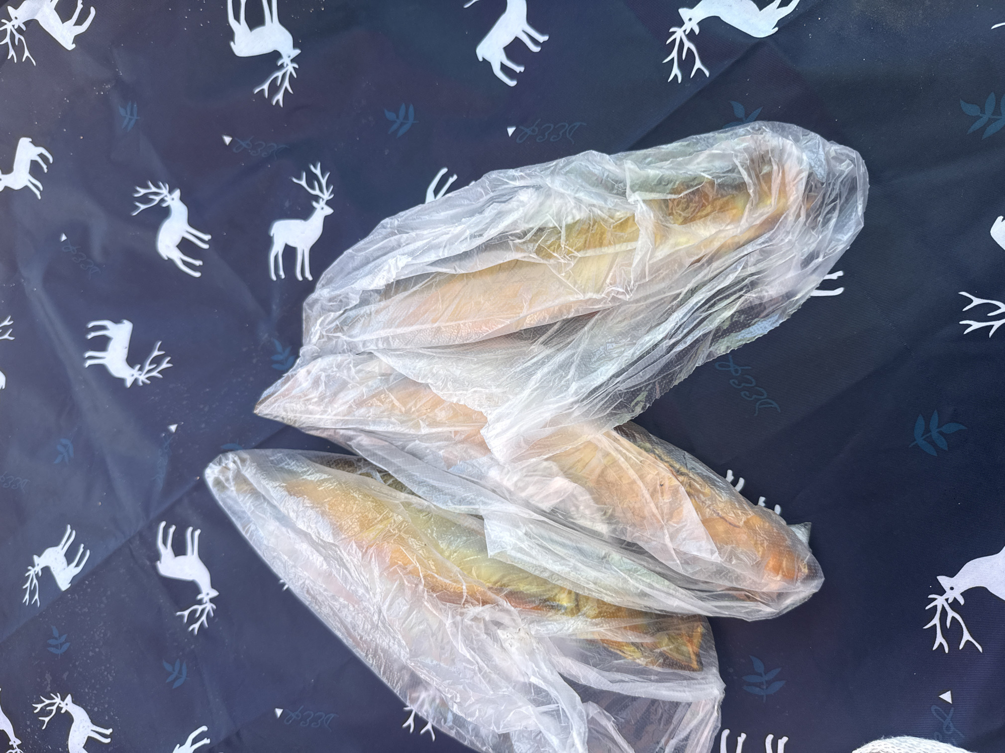 Three smoked fish are wrapped in clear plastic bags, lying on a dark blue fabric with a repeating pattern of white deer and small green leaf motifs. The fish are oriented diagonally from the lower left to the upper right of the frame. The plastic bags are crinkled and translucent, partially obscuring the details of the fish. The fabric appears to be a picnic blanket or tablecloth. The scene is likely outdoors, given the lighting and context suggested by the picnic blanket. The location is Sary-Oy, Kyrgyzstan.