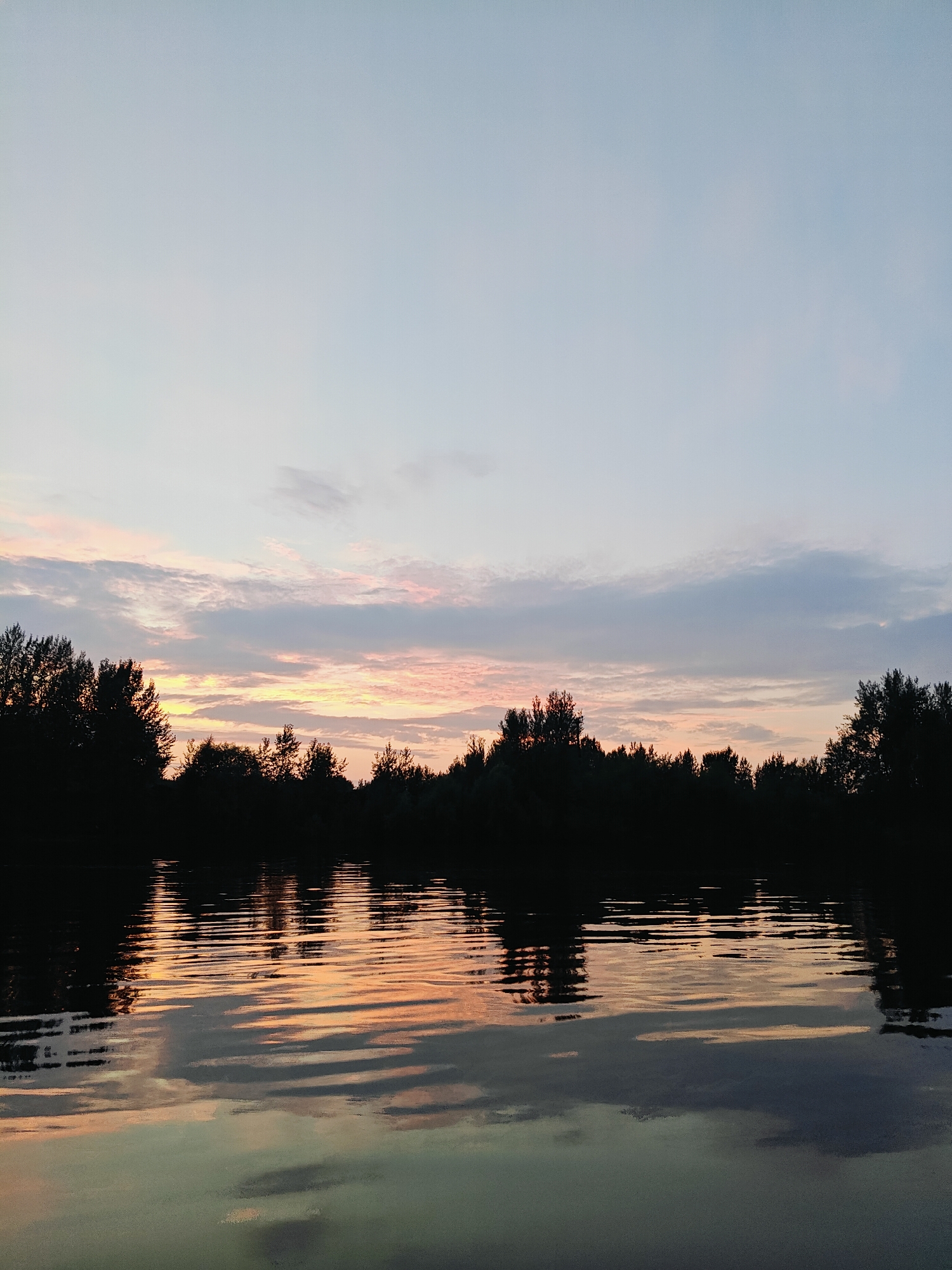 This is a landscape photograph taken at dusk, likely near Noviy, Russia, featuring a tranquil body of water reflecting the twilight sky and a silhouetted treeline. The sky is a gradient of soft blues and pale pinks, with wisps of clouds catching the last rays of sunlight. The horizon is defined by a dark, undulating silhouette of trees. The water in the foreground is calm, with gentle ripples creating distorted reflections of the sky and trees, showcasing the warm hues of the sunset. There are no people or man-made structures visible in the frame, emphasizing the natural serenity of the scene. The overall impression is one of peacefulness and the quiet beauty of nature at the close of day.