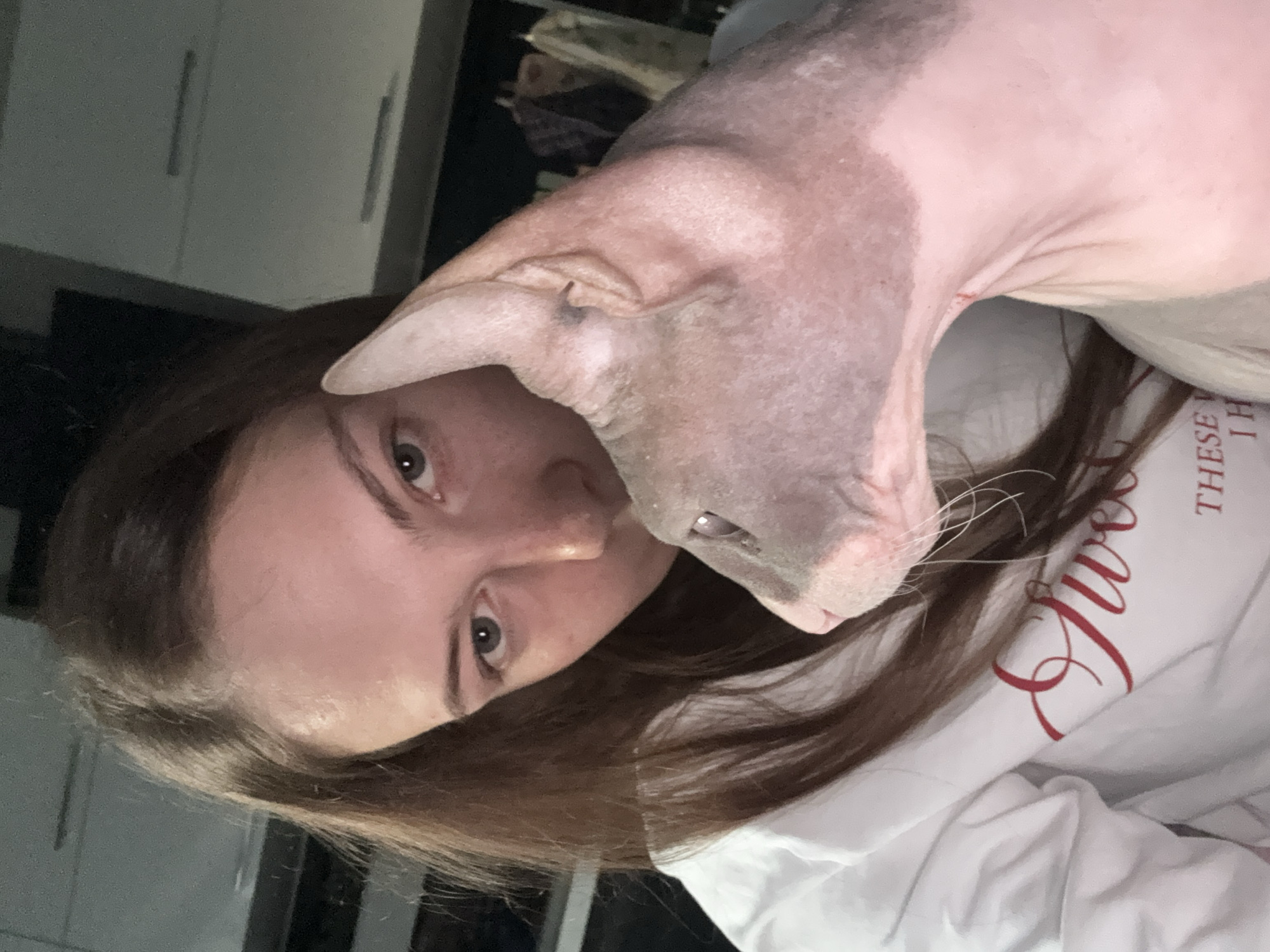 A young woman with long brown hair is captured in a selfie with a Sphynx cat. The woman is wearing a white sweatshirt with red lettering. The cat, with its characteristic wrinkled pink skin, is nestled close to the woman's face, its head turned to the side. The background appears to be an indoor setting, possibly a kitchen, with cabinets visible. The lighting is dim, suggesting it might be evening or a poorly lit room. The image's composition is intimate, focusing on the bond between the woman and her pet. No specific landmarks or details indicative of Novaya Ivanovka, Russia, are present in the image.