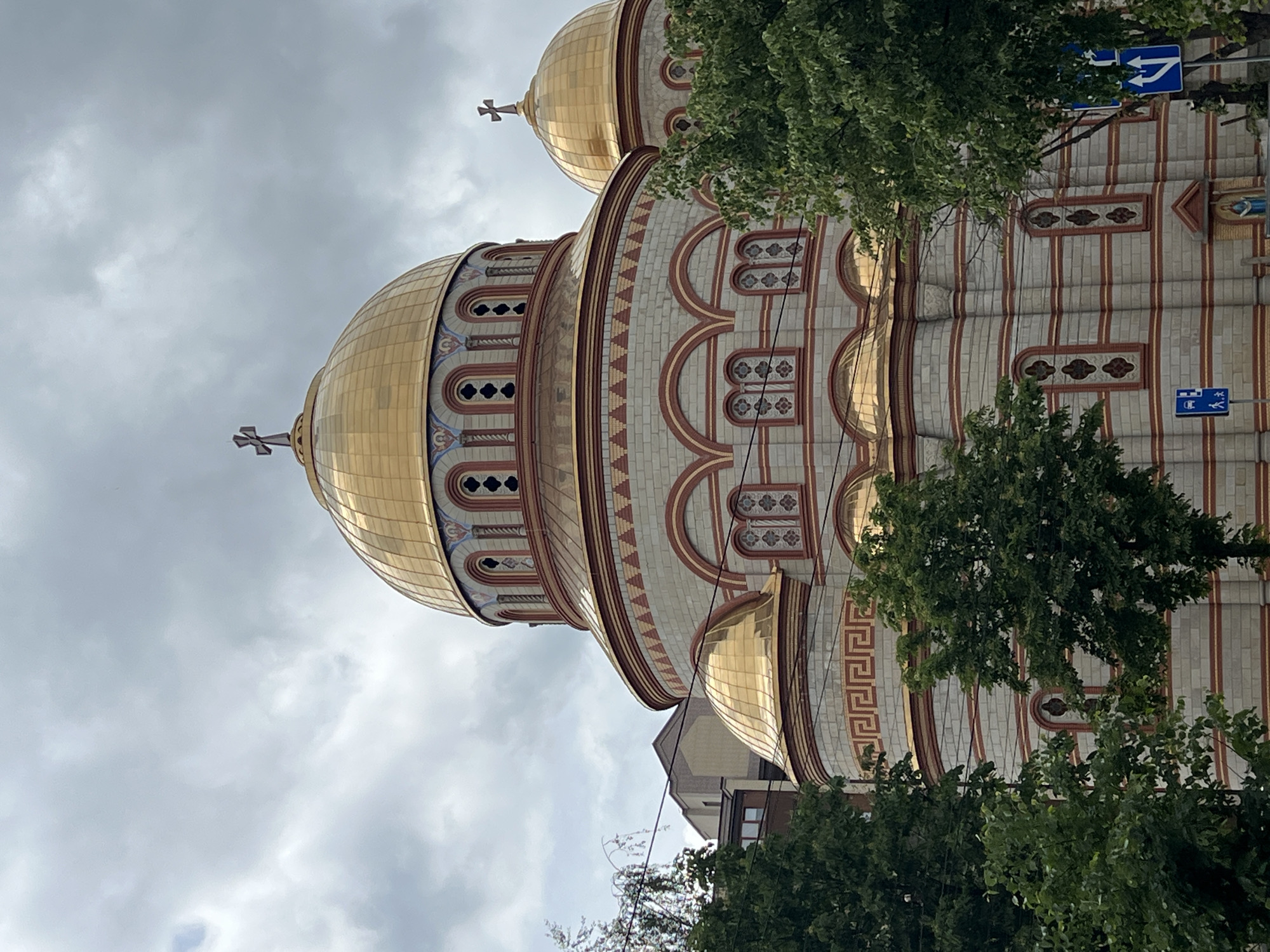 The image shows a partial view of the Nativity of Christ Cathedral in Ternopil, Ukraine. The cathedral features golden domes topped with crosses, decorative brickwork, and arched windows. Some foliage partially obscures the lower portion of the structure. The sky is overcast. A blue street sign is also visible.