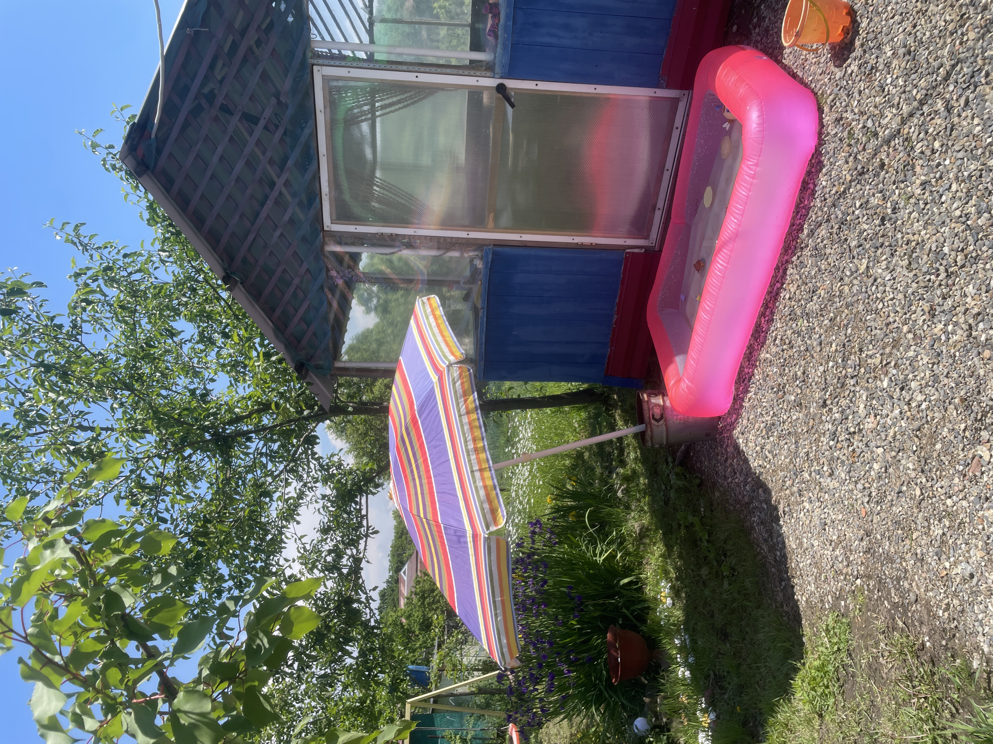 The image depicts a sunny outdoor scene in the city of Yasnoe, Russia, featuring a small, inflatable pink kiddie pool in the foreground. The pool contains a small amount of water and some floating toys. To the left of the pool, a striped beach umbrella is set up, casting a shadow on the gravel ground. Behind the pool and umbrella is a blue and red wooden structure, possibly a shed or playhouse, with a translucent door. The background shows lush green trees and plants, with a bright blue sky overhead. A small orange bucket is visible to the right of the pool.