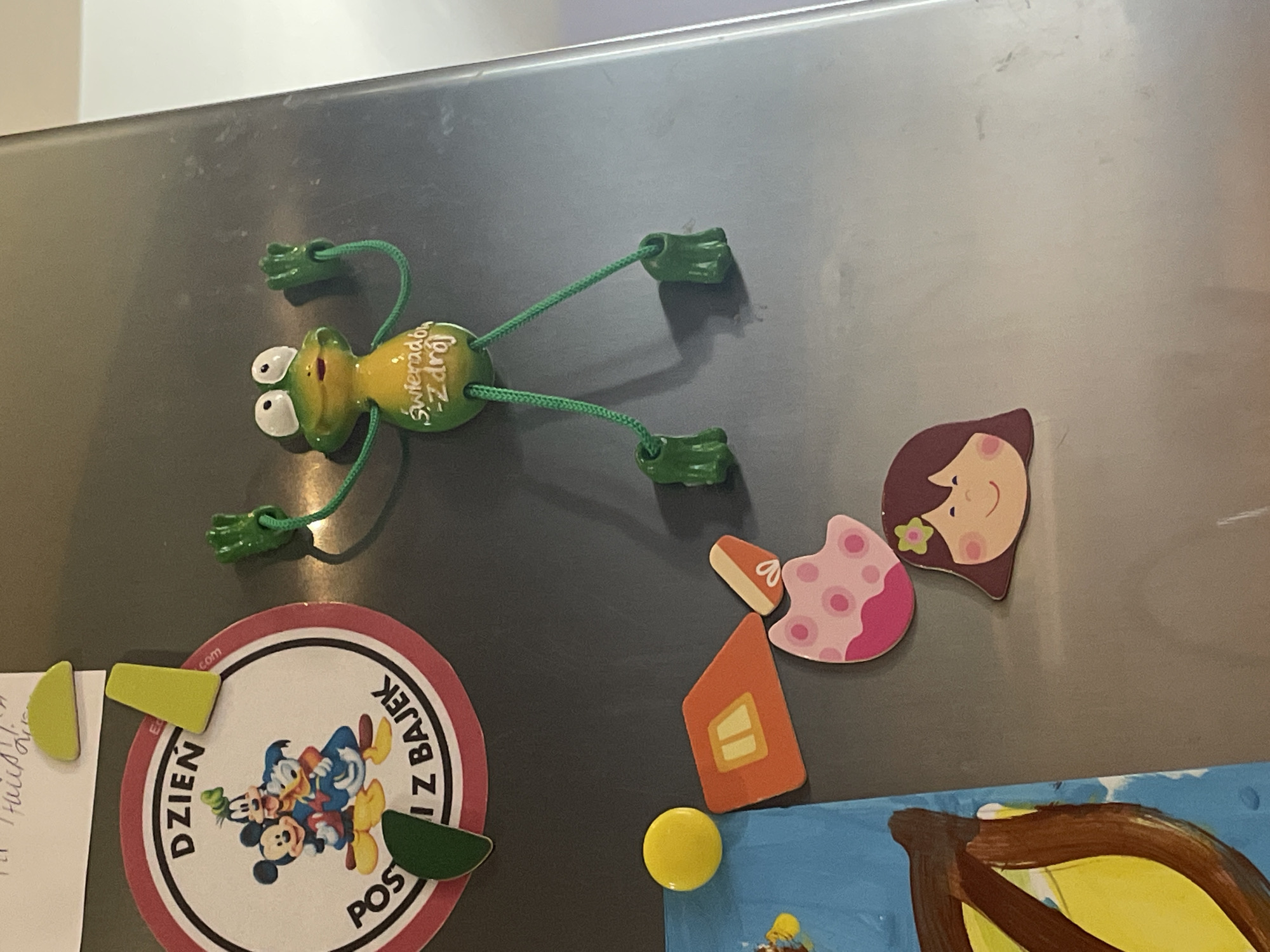 The image displays a collection of magnetic decorations attached to a stainless steel refrigerator door. In the upper left quadrant, a circular magnet features cartoon characters Mickey Mouse, Donald Duck, and Goofy within a red and white border. Text in Polish is visible around the circle, reading "DZIEN" at the top and "POS Z BAJEK" at the bottom. Above this magnet are two small, lime-green, wedge-shaped magnets.
To the right of the Mickey Mouse magnet, a green, jointed frog toy hangs from the refrigerator door. The frog has large white eyes and a small mouth, and its limbs are attached by green cords. Text in Polish, "Świerzab-Zdrój," is printed on the frog's belly.
Below the frog, in the lower left quadrant, is a bright yellow spherical magnet. To the right of the yellow magnet are several smaller decorative magnets: an orange, house-shaped magnet with yellow window-like shapes; a small, triangular magnet with an orange and white pattern; a pink magnet with darker pink polka dots; and a magnet depicting a girl's face with brown hair and a pink flower behind her ear.
The background is the gray, reflective surface of a refrigerator door, showing some faint smudges and reflections. The lighting suggests an indoor environment. The overall scene is domestic, likely a kitchen.