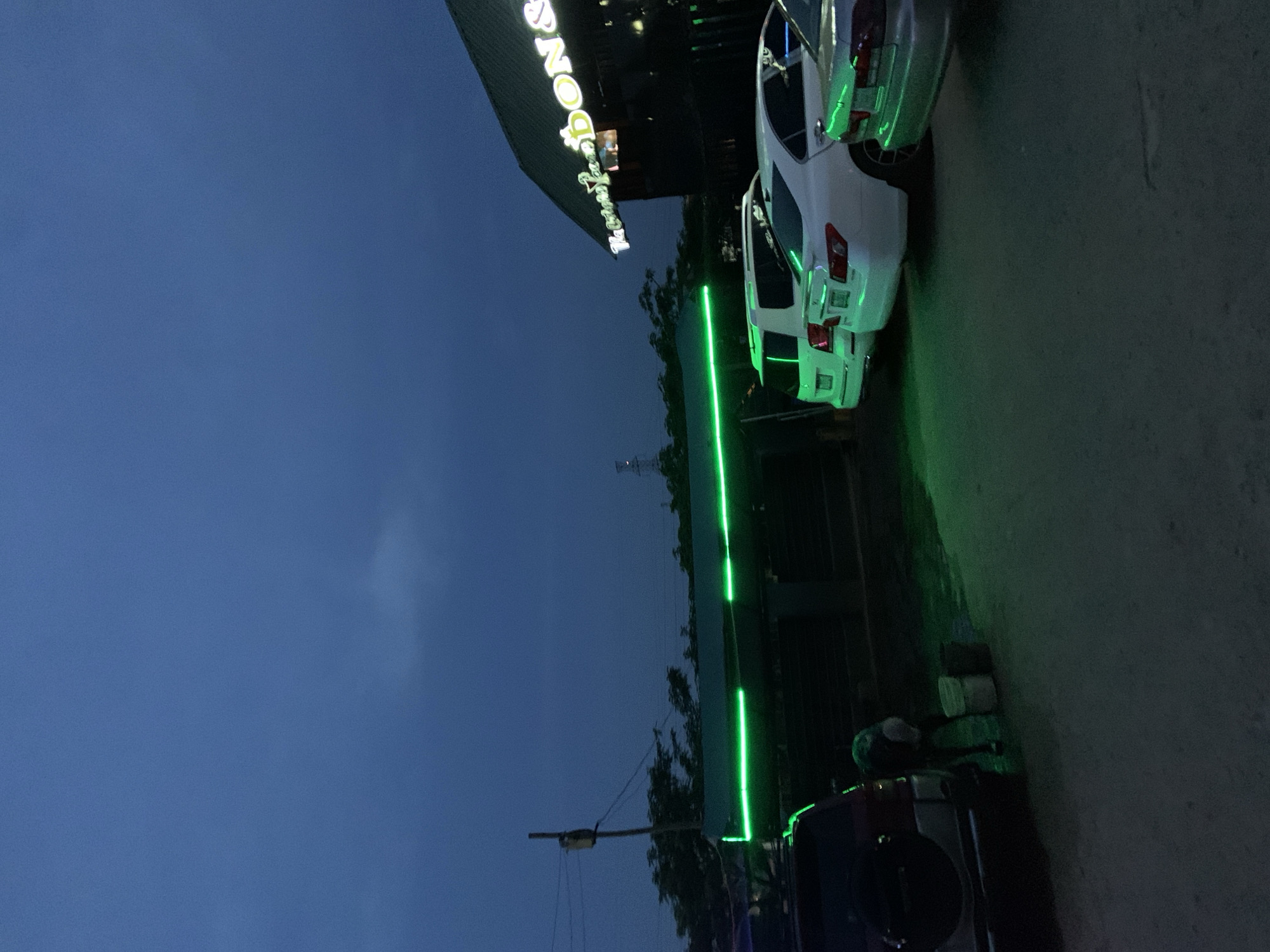 The image shows an outdoor scene at dusk, with a dark blue sky and what appears to be a street or parking area. In the background, a building with a dark roof has green neon lights and a sign that reads "The Crocs Farm DON &". Several cars are parked in front of the building, illuminated by the green neon lights. To the left, a person is seen near a red SUV, with two buckets on the ground. Trees and a utility pole are visible behind the neon lights. The overall atmosphere is dim, lit by artificial green lights.