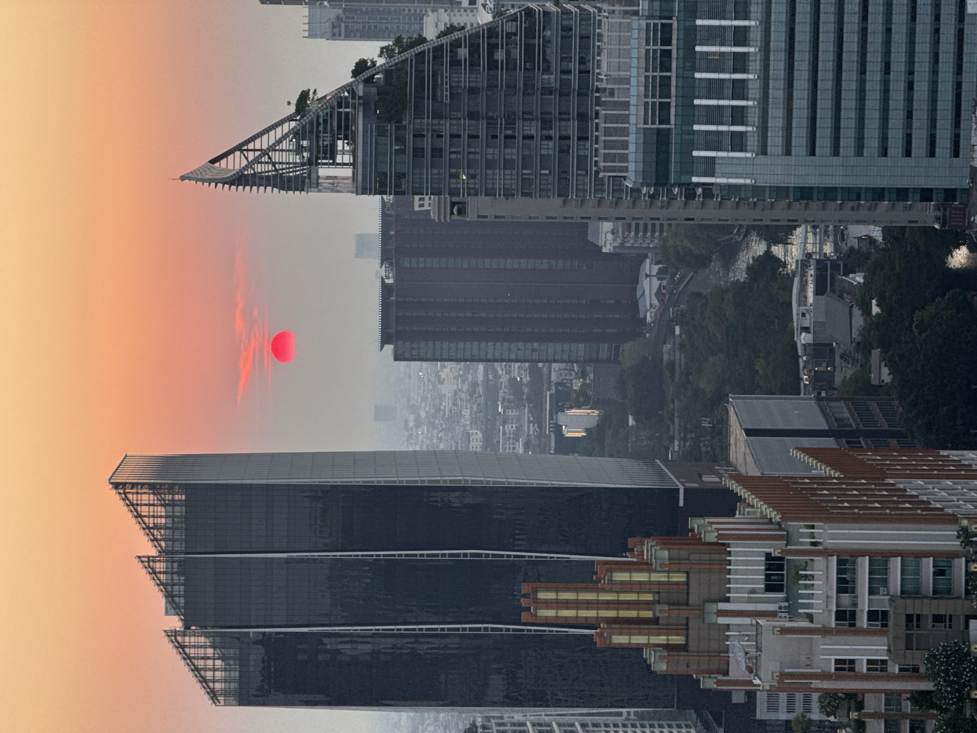 This photograph depicts an urban cityscape at sunrise or sunset, featuring modern high-rise buildings and a bright red sun or moon. The location is Bangkok, Thailand. The photograph is oriented upside down, with the buildings appearing inverted. The sky displays warm hues of orange and pink, transitioning into a hazy, pale tone near the horizon. There are no visible people in the image. The environment includes a mix of architectural styles and the suggestion of green spaces interspersed among the buildings. A river or waterway runs through the city. The air quality appears poor, with noticeable haze.