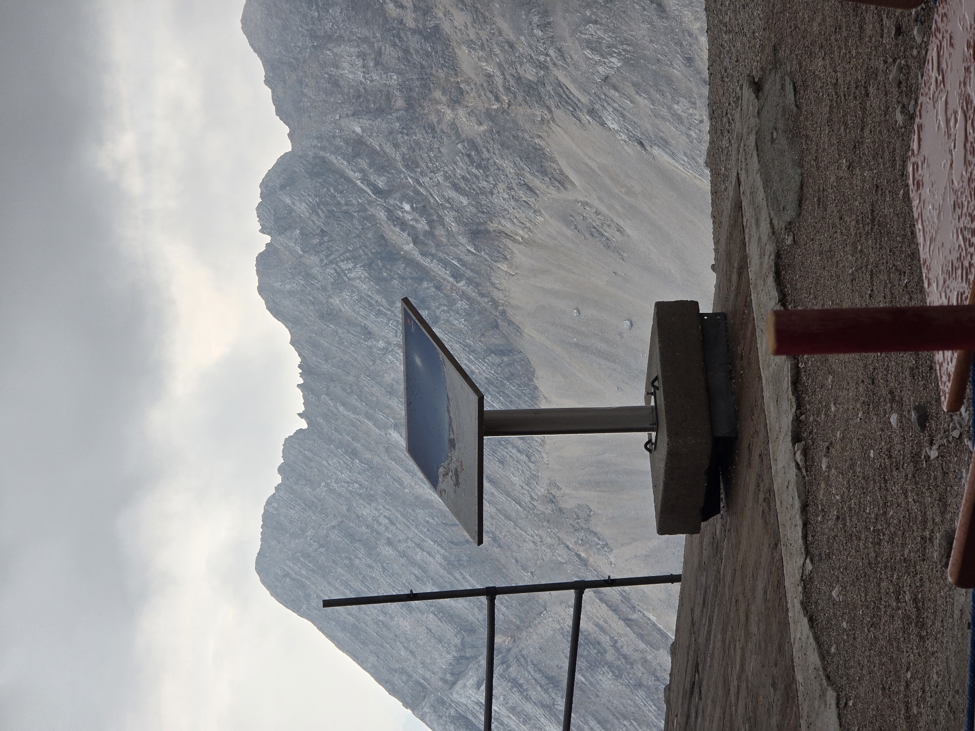 An outdoor information sign with a slanted blue panel stands on a concrete base on a wooden platform. The platform is bordered by gravel and a metal railing system is visible to the left. In the background, a large, rocky mountain range dominates the scene under a cloudy sky. The location is likely a viewpoint or summit in the Bavarian Alps, potentially near Garmisch-Partenkirchen, Germany, given the mountainous terrain.