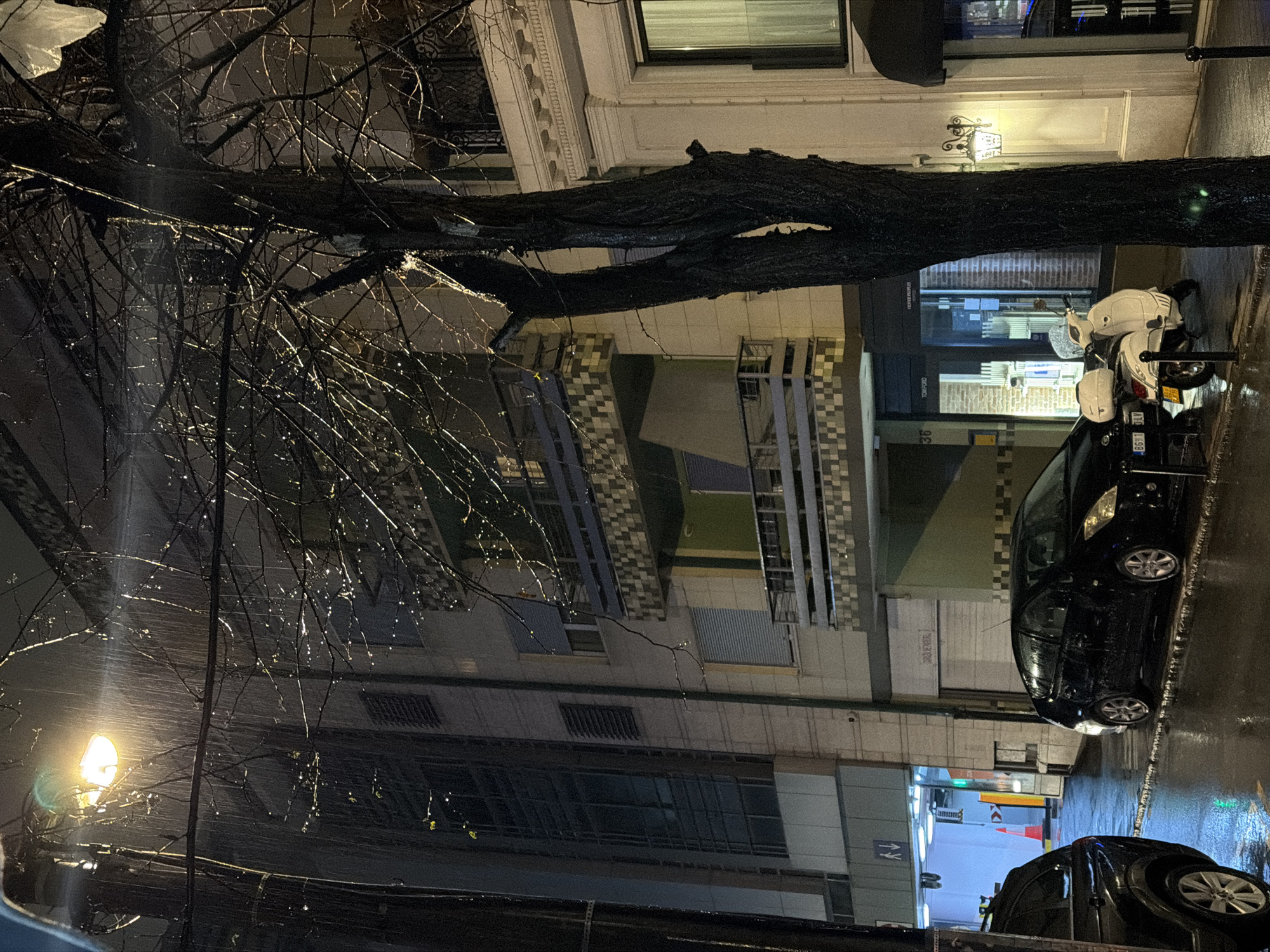 The scene depicts a street in Belgrade, Serbia, at night during a rain event. The specific location is Knez Mihailova street, encompassing building numbers approximately 33 to 37. Rain streaks are visible under the illumination of a streetlamp on the left, and all visible surfaces of the pavement are wet and reflective.
On the far right, a classical architectural facade, identified as Knez Mihailova 33, features a decorative outdoor lamp and a dark awning over a retail entrance, partially obscured by a tree. A "TOM FORD" sign is visible within the storefront. Adjacent to this, on the left (Knez Mihailova 35), stands a multi-story building characterized by balconies with beige and gray checkerboard tiling. Some windows on this building are covered by light-colored roller shutters. An address number "36" is affixed to its facade at ground level. Further left, on Knez Mihailova 37, a more contemporary building features a ground-level garage entrance with illuminated green signage and a partial view of an orange traffic cone inside. Above this, the building displays a mix of windows and horizontal louvered panels.
Two vehicles are parked curb-side on the wet street. A black Toyota Prius (license plate BG 13LV) is positioned slightly right of center. To its right, a white Vespa-style scooter (license plate BG 2395) with a white top case is parked. A dark SUV is partially visible on the far left of the frame.
A prominent, bare-branched tree stands in the foreground, right of center, its trunk and branches glistening with rainwater. Overhead, utility lines traverse the upper portion of the image. No people are visible within the scene.