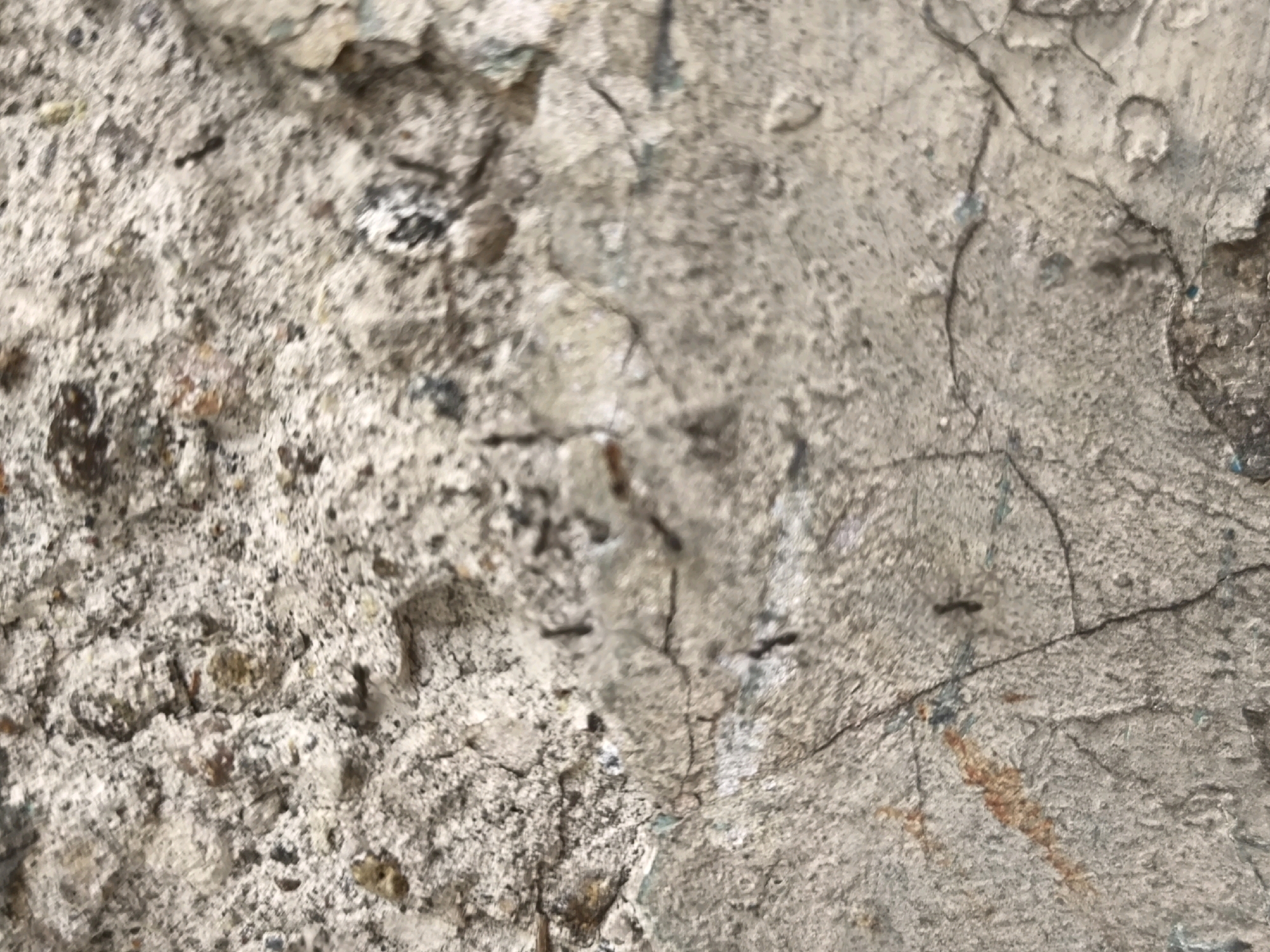 The image is a close-up, high-angle shot of a textured, weathered concrete surface, possibly a wall or pavement. The surface is uneven, with visible cracks, chips, and aggregates of various sizes embedded within the concrete. There are areas of discoloration, including light brown and reddish-brown patches, as well as dark specks that could be dirt or debris. Some lighter blue-green flecks are also present in the cracks. The lighting suggests an outdoor environment. The image does not contain any identifiable landmarks, people, or specific objects that would allow for precise localization within South Jakarta, Indonesia.