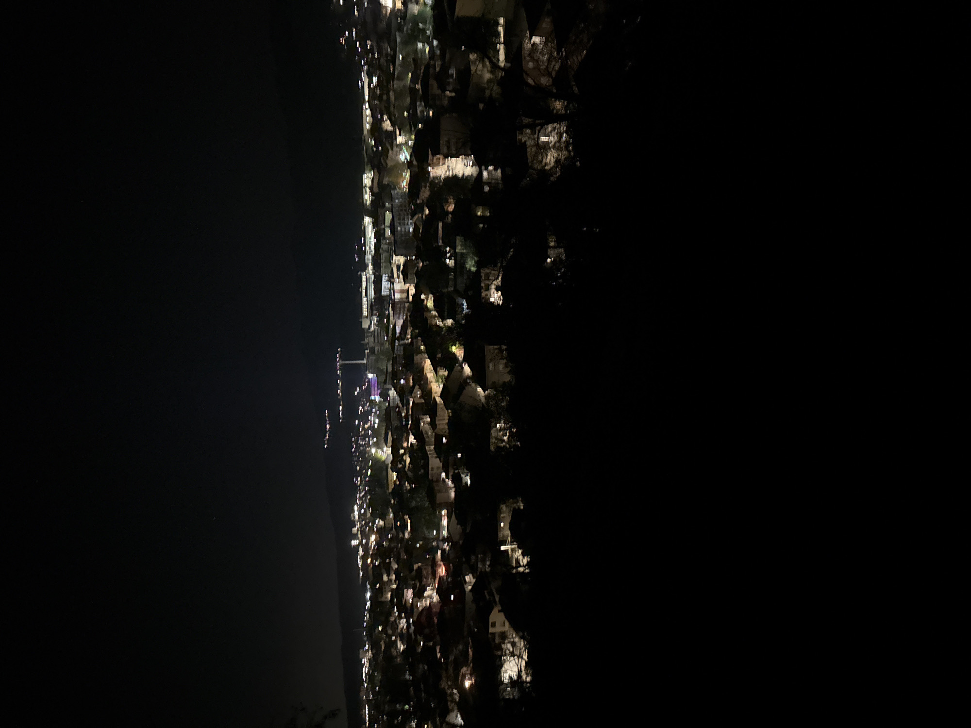 This is a nighttime shot of a coastal city, potentially Sveti Konstantin, Bulgaria. The image is taken from a high vantage point, possibly a hill or elevated ground, looking towards the coast. The cityscape is illuminated by artificial lights from buildings, streets, and possibly harbor installations. The dark areas suggest wooded areas or undeveloped land between the viewpoint and the lit-up urban landscape. The sky is dark, devoid of significant lighting. There is no indication of human presence in the immediate foreground. The scene lacks people, subjects, objects, actions, or interactions. The essential elements are the dark environment, the lighted city, and the elevated viewing angle.