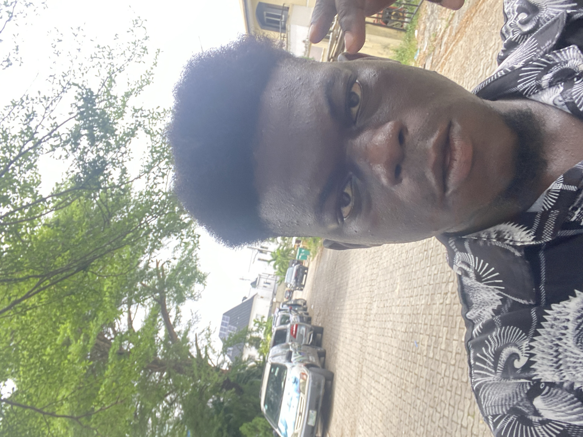 The image is a rotated close-up selfie of a dark-skinned individual, likely male, with short, dark, curly hair. The person holds the camera overhead, with part of their hand visible near the top of their head. They wear a black shirt adorned with intricate white patterns, possibly stylized birds or abstract shapes. Their expression appears neutral.
The background reveals an outdoor street scene during daytime. A line of cars, including sedans and SUVs, is parked along a paved road made of interlocked bricks. Lush green trees with abundant foliage flank the left side of the scene, with a bright, possibly overcast, sky visible between their branches. In the distance, several buildings can be seen, one notably featuring solar panels on its roof. The lighting suggests a bright day. No discernible text is visible on any objects or surfaces.