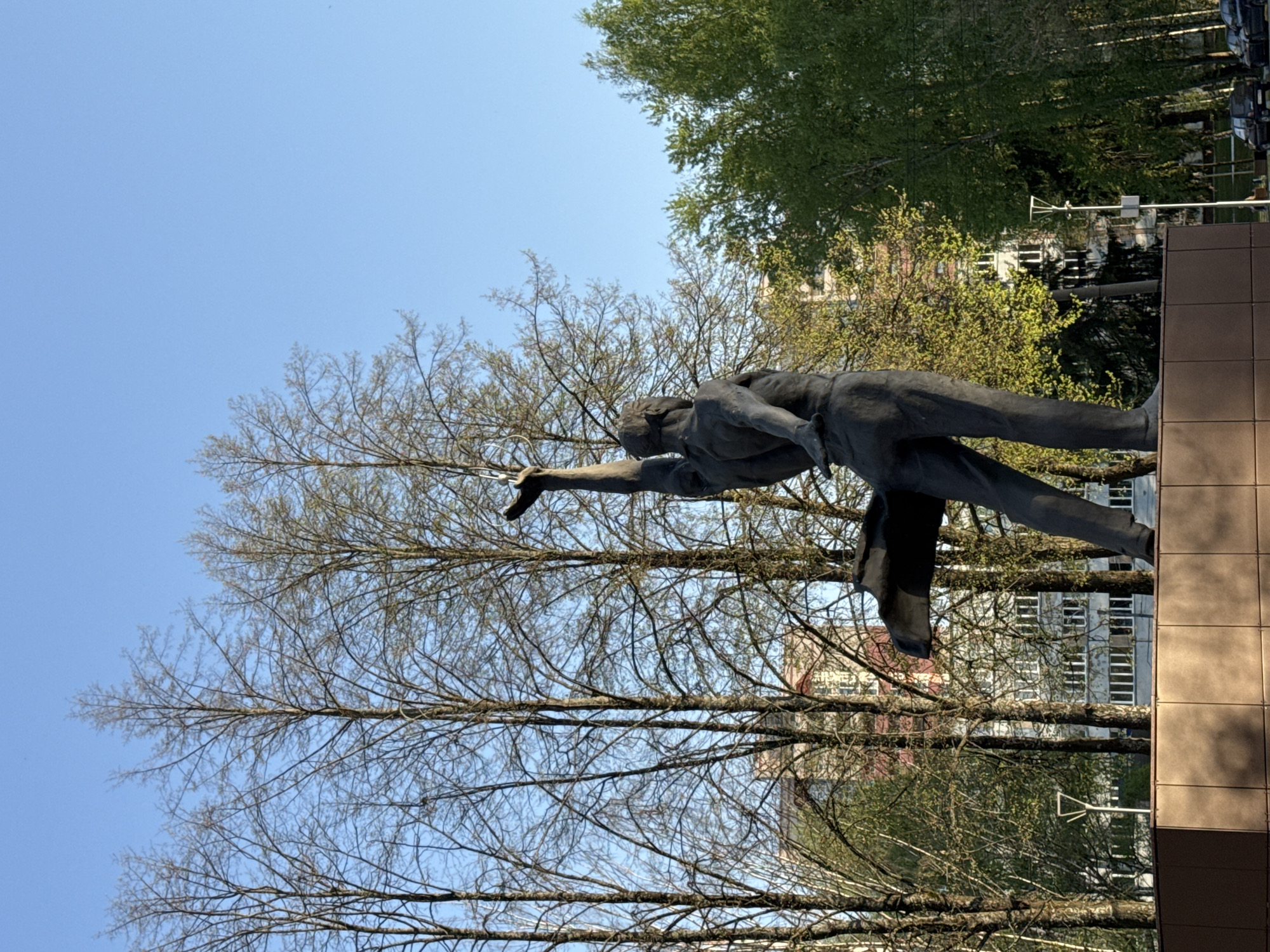 Here is a description of the image:
The image depicts a bronze statue of a male figure, outstretched arm pointing skyward, positioned in front of bare tree branches and a clear blue sky. The statue sits on a tall, tiled, brown rectangular base. In the background are buildings with white windows and roofs, as well as green trees. The scene is from Izhevsk, Russia, depicting the statue of the soldier.