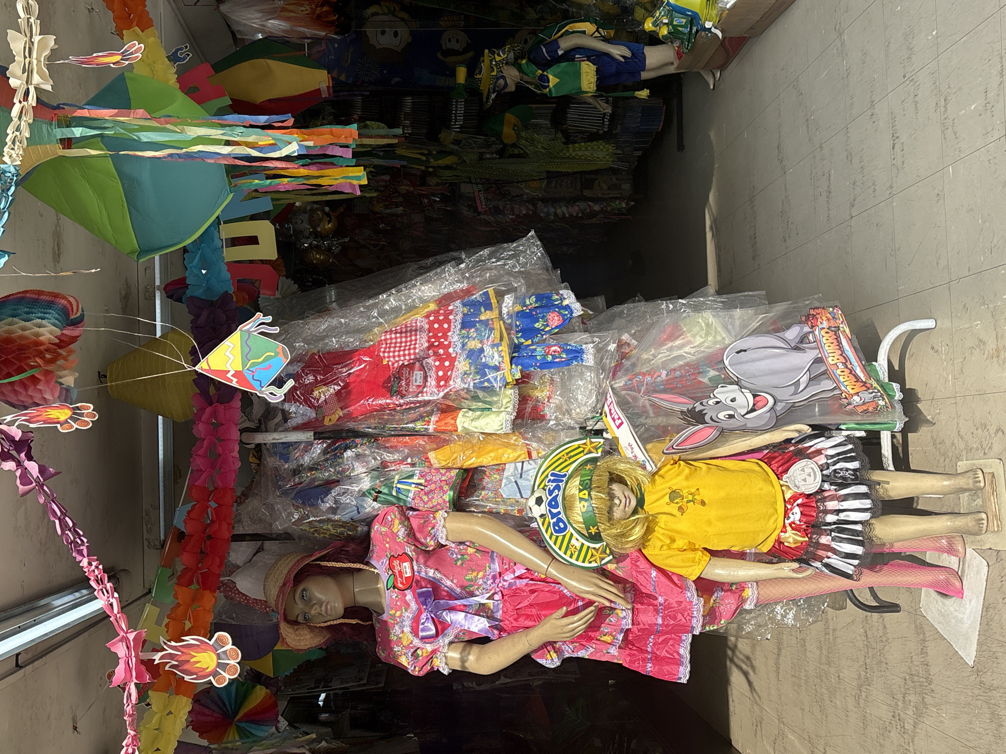 The image depicts a street-facing storefront in São Paulo, Brazil, showcasing festive decorations and mannequins. Colorful paper streamers, lanterns, and kites adorn the ceiling and upper portions of the storefront, creating a vibrant atmosphere.
In the foreground, two mannequins are displayed. The larger, left mannequin is dressed in a bright pink, frilly dress with a straw hat and red hair extensions. It stands behind a smaller mannequin dressed in a yellow t-shirt and a black, white, and red striped skirt. This smaller mannequin wears a green headband with the word "BRASIL" and a soccer ball motif.
Behind the mannequins, the store interior is visible, filled with more merchandise, including clothing items wrapped in plastic, and various decorative elements. A large graphic of a cartoon donkey is also present, part of a display on the right.
Further into the store, another mannequin, this one dressed in blue shorts, a green vest, and a yellow and blue patterned hat, is positioned to the right, facing left. The overall scene suggests a shop selling party supplies or costumes, likely for a festival or celebration given the decorations. The lighting indicates it is daytime.