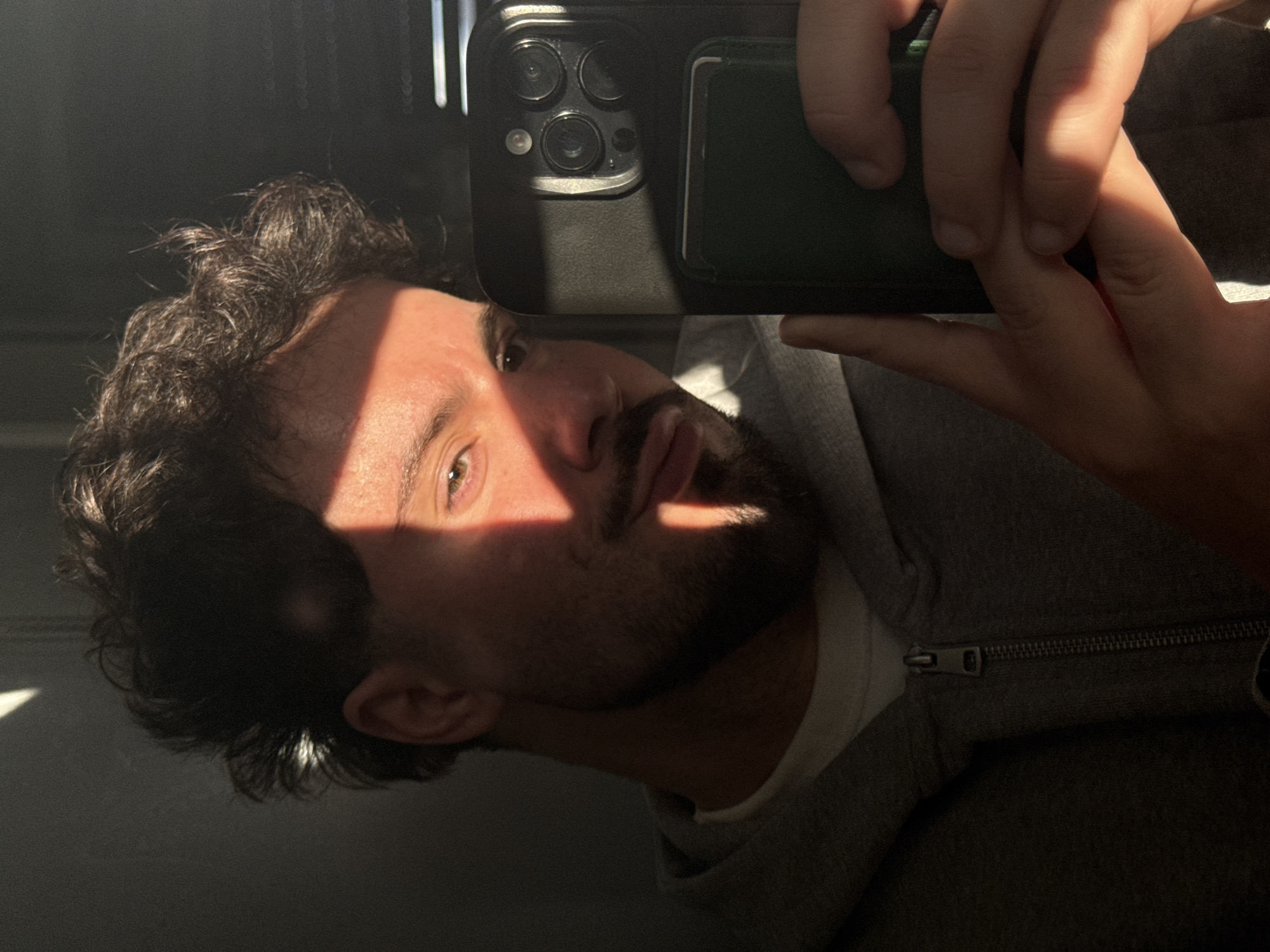 A man is taking a selfie with a smartphone. He has dark curly hair and a beard, and he is wearing a gray hooded sweatshirt over a white shirt. Part of his face is in sunlight. The image does not contain enough detail to place it in Esch-sur-Alzette, Luxembourg, or provide a forensic description.