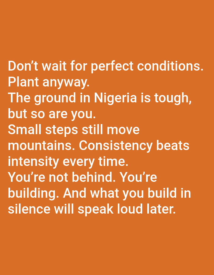 A digital image displays white sans-serif text against a solid orange background. The text is left-aligned and consists of twelve lines: "Don't wait for perfect conditions. Plant anyway. The ground in Nigeria is tough, but so are you. Small steps still move mountains. Consistency beats intensity every time. You're not behind. You're building. And what you build in silence will speak loud later." There are no other visible subjects or objects in the image. The location is Unknown, Unknown.